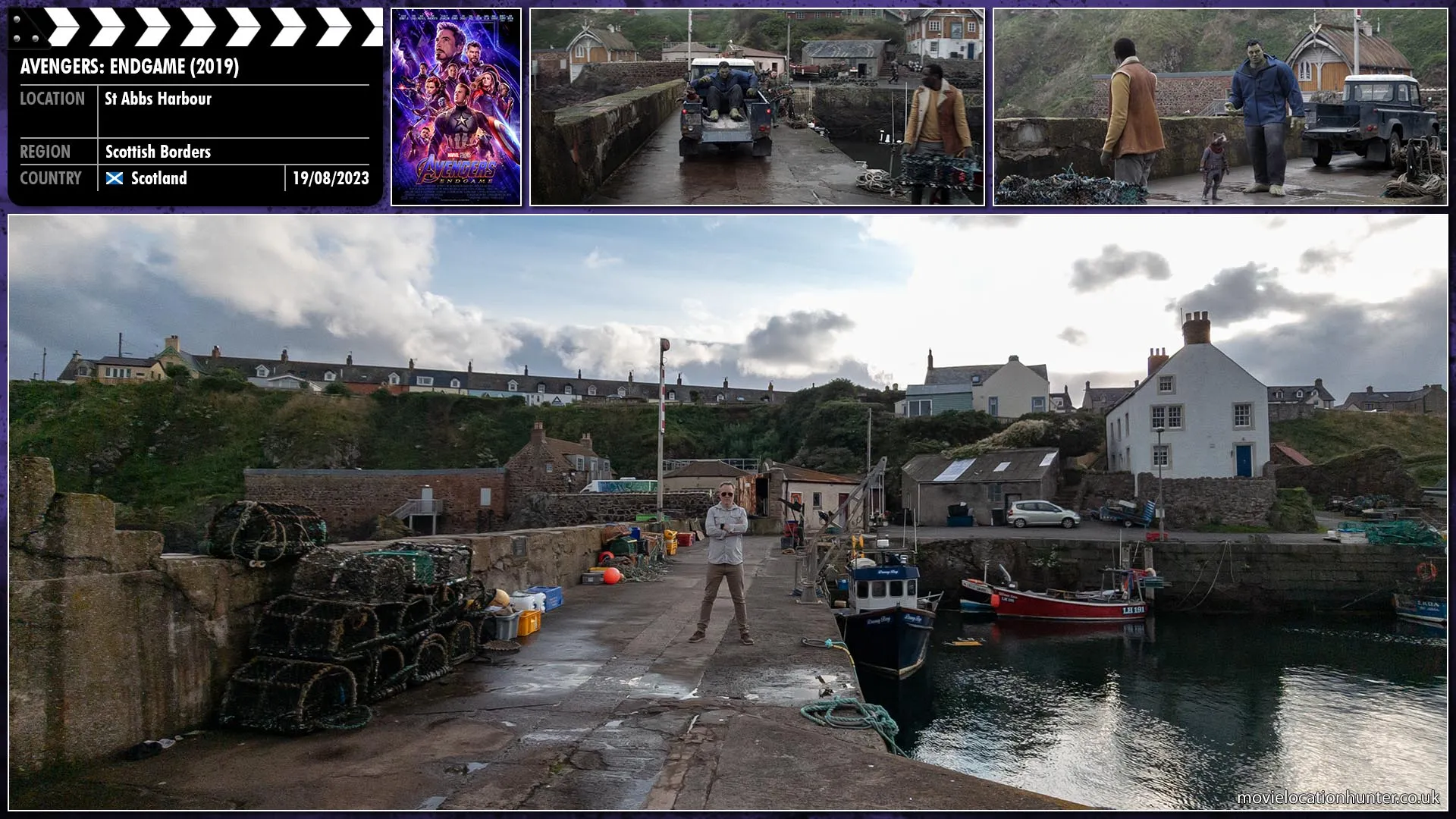 Filming location photo, shot in Scotland, for Avengers: Endgame (2019). Scene description: Arriving in New Asgard, Hulk (Mark Ruffalo) and Rocket (Bradley Cooper) jump from the back of the truck to the bemusement of the locals.  They meet with Valkyrie (Tessa Thompson) who tells them Thor (Chris Hemsworth) won’t see them.  They head off to his cabin to find out why and discover ‘fat’ Thor playing video games.