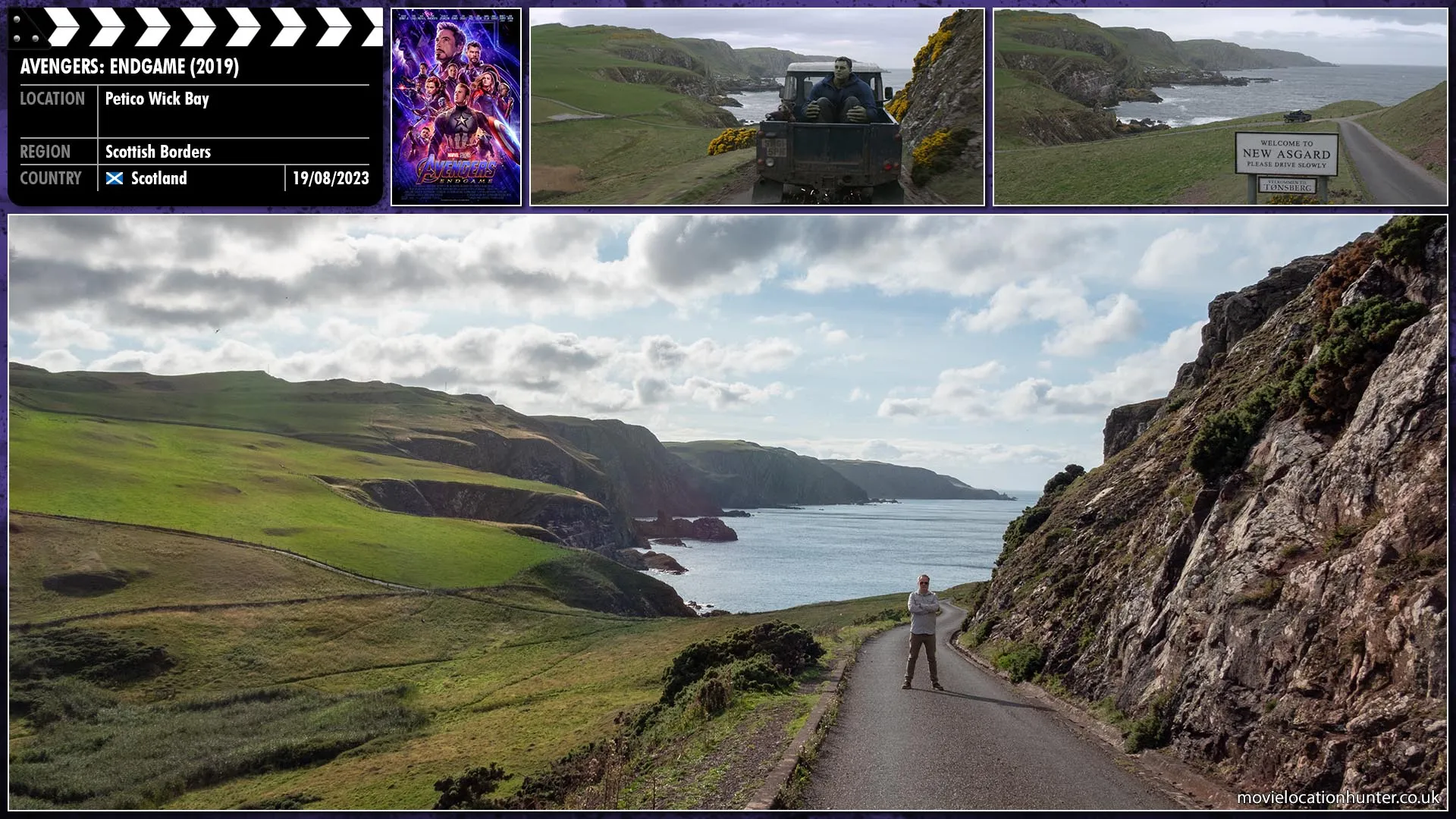 Filming location photo, shot in Scotland, for Avengers: Endgame (2019). Scene description: A scraping sound can be heard as a truck, weighed down by the Hulk (Mark Ruffalo) and Rocket (Bradley Cooper) who sit in the back, drives down a small road towards New Asgard in search of Thor (Chris Hemsworth).
