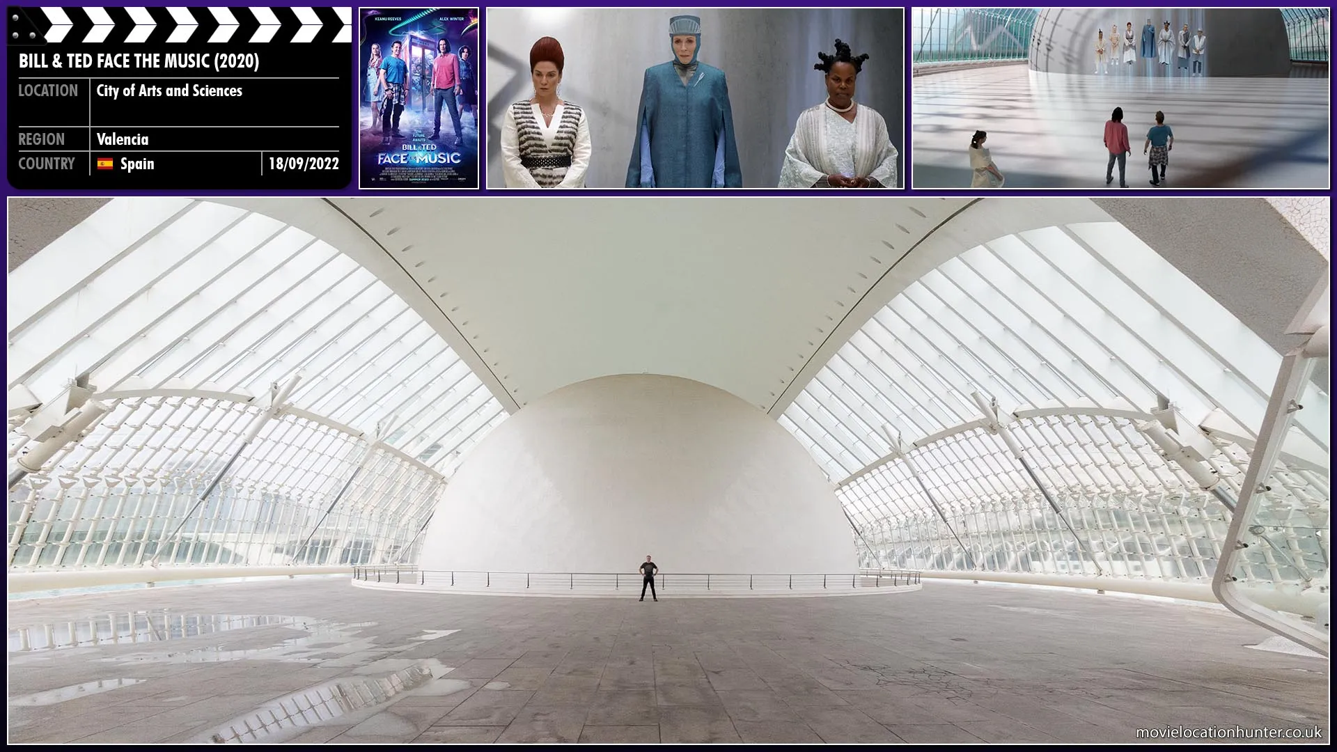 Filming location photo, shot in Spain, for Bill & Ted Face the Music (2020). Scene description: Kelly (Kristen Schaal), the daughter of Bill (Alex Winter) and Ted's (Keanu Reeves) deceased time-travelling guide Rufus, takes them to the year 2720 in San Dimas, California. Her mother (Holland Taylor), the Great Leader, tells them that they have until 7:17 p.m. that night to create the song or reality will collapse.