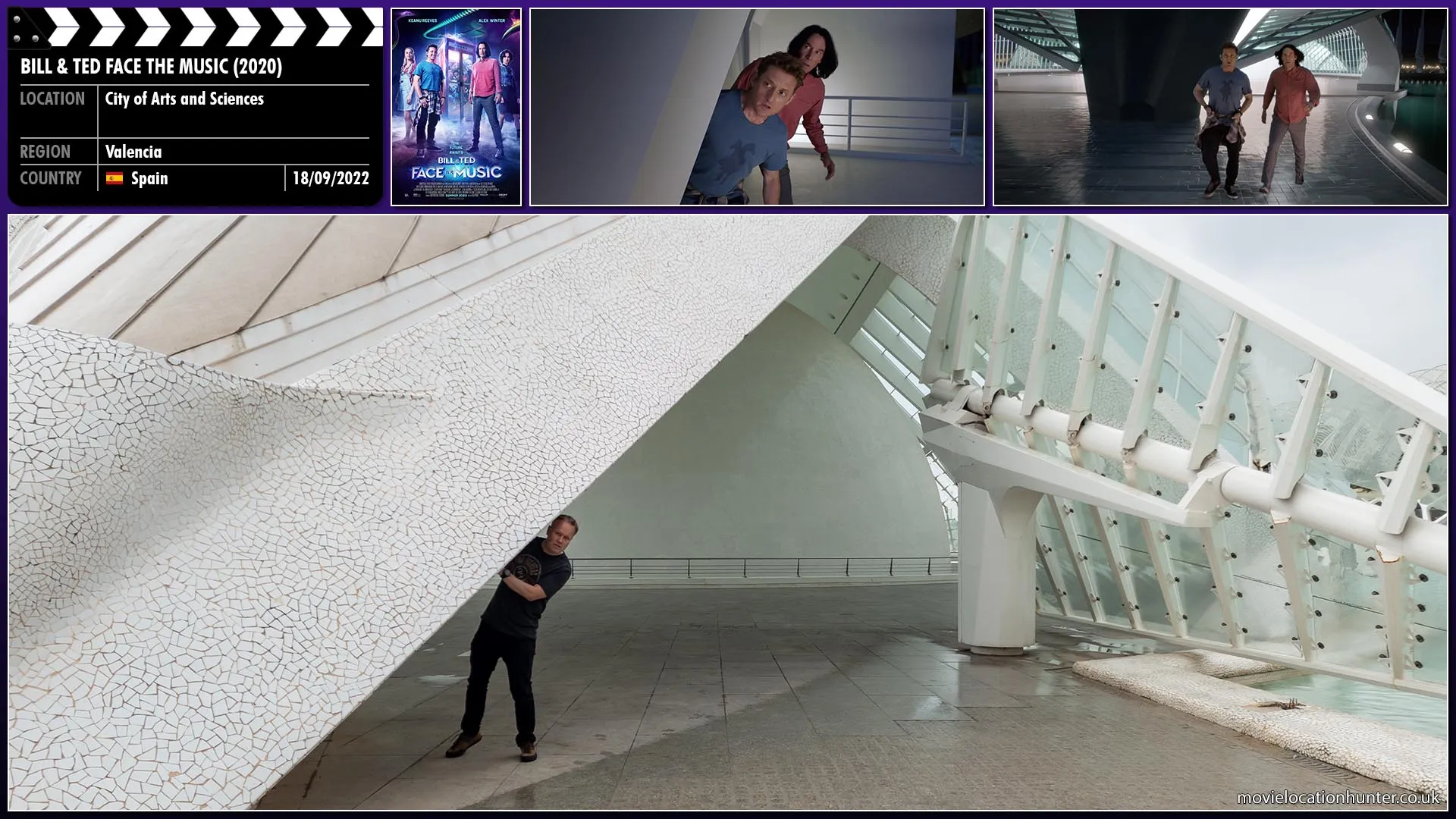 Filming location photo, shot in Spain, for Bill & Ted Face the Music (2020). Scene description: Unsure what to do, Bill (Alex Winter) and Ted's (Keanu Reeves) realise that if they jump to the future they can steal their own song.  They use Rufus' time-traveling phone booth to retrieve the song from their future selves.