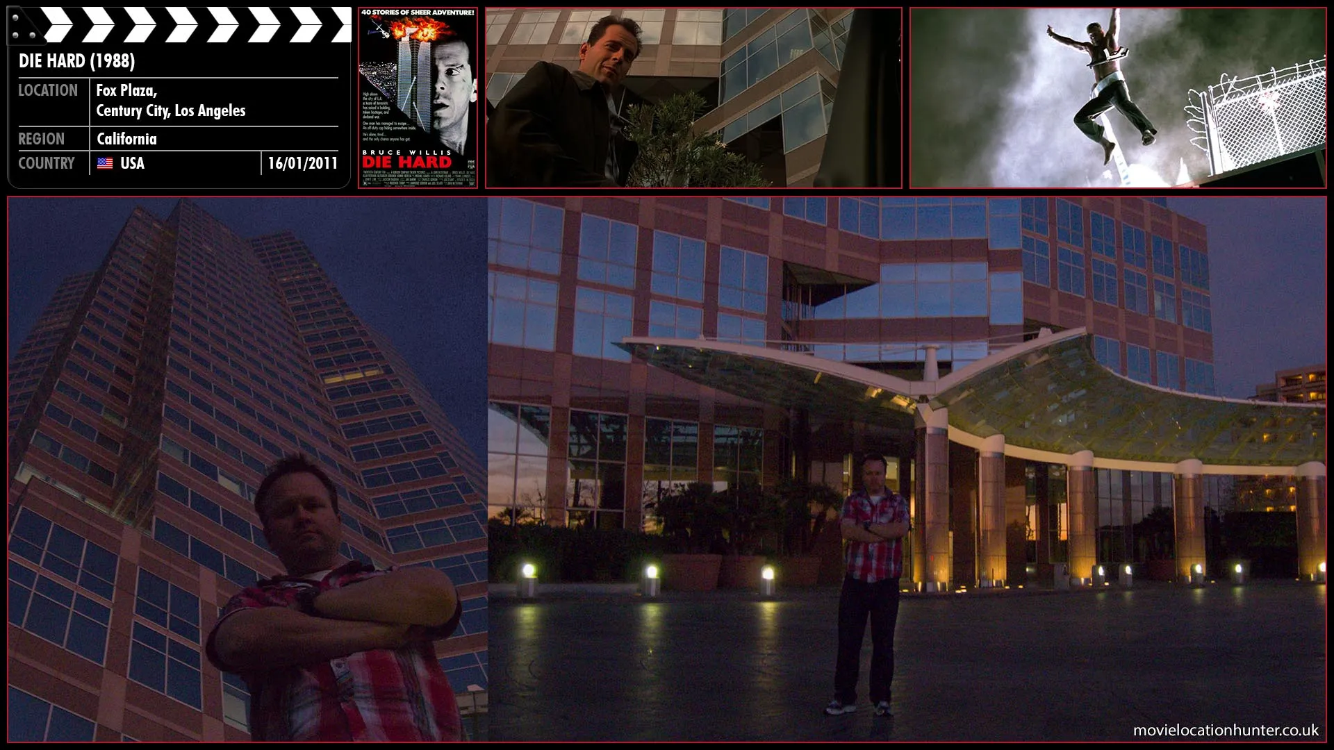 Filming location photo, shot in USA, for Die Hard (1988). Scene description: John McClane (Bruce Willis), a detective with the New York City Police Department, arrives in Los Angeles to attempt a Christmas reconciliation with his estranged wife Holly (Bonnie Bedelia), who is attending a party thrown by her employer at its still-unfinished high-rise Nakatomi Plaza.