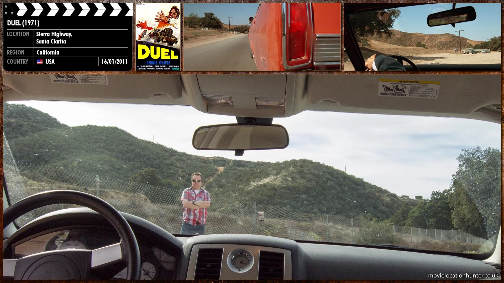Filming location photo, shot in USA, for Duel (1971). Scene description: Mann (Dennis Weaver) is shocked to see the truck pull up behind him at high speed. Mann attempts to outrun the truck and pull ahead, but the truck speeds up as well. Mann is soon freaked out even more when the truck pulls up on him, reaching speeds above 90mph. The truck bumps into Mann's vehicle several times, until they reach a diner (Chuck's Cafe), where he swerves off the road at high speed, coming to rest after striking and damaging a wooden fence.