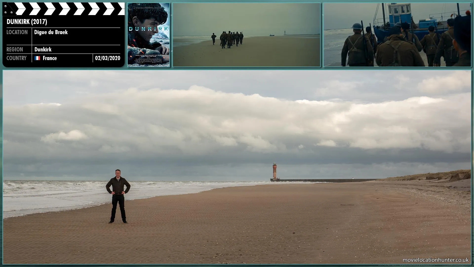 Filming location photo, shot in France, for Dunkirk (2017). Scene description: Tommy (Fionn Whitehead) watches as Alex (Harry Styles) gets to his feet, heading over to his regimental comrades.  Alex follows his gesture to a fishing trawler, listing in the shallows a mile up the beach. Tommy and Gibson (Aneurin Barnard) are already on their feet. Alex nods at them as they follow the highlanders down the beach towards the grounded trawler.