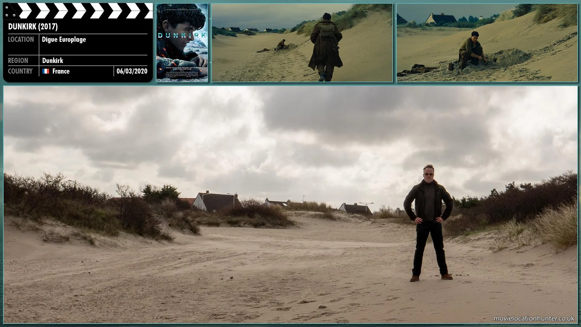 Filming location photo, shot in France, for Dunkirk (2017). Scene description: Tommy (Fionn Whitehead) clambers over a dune, and discovers Gibson (Aneurin Barnard) another soldier, British army shirt undone, sweating with the labour of burying a body.  Gibson notices Tommy but barely pauses from digging.