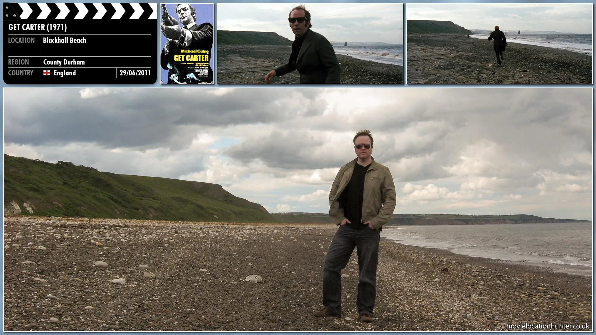 Filming location photo, shot in England, for Get Carter (1971). Scene description: Eric (Ian Hendry) runs out on to the beach.  Carter (Michael Caine) runs after him and is gaining on Eric rapidly.