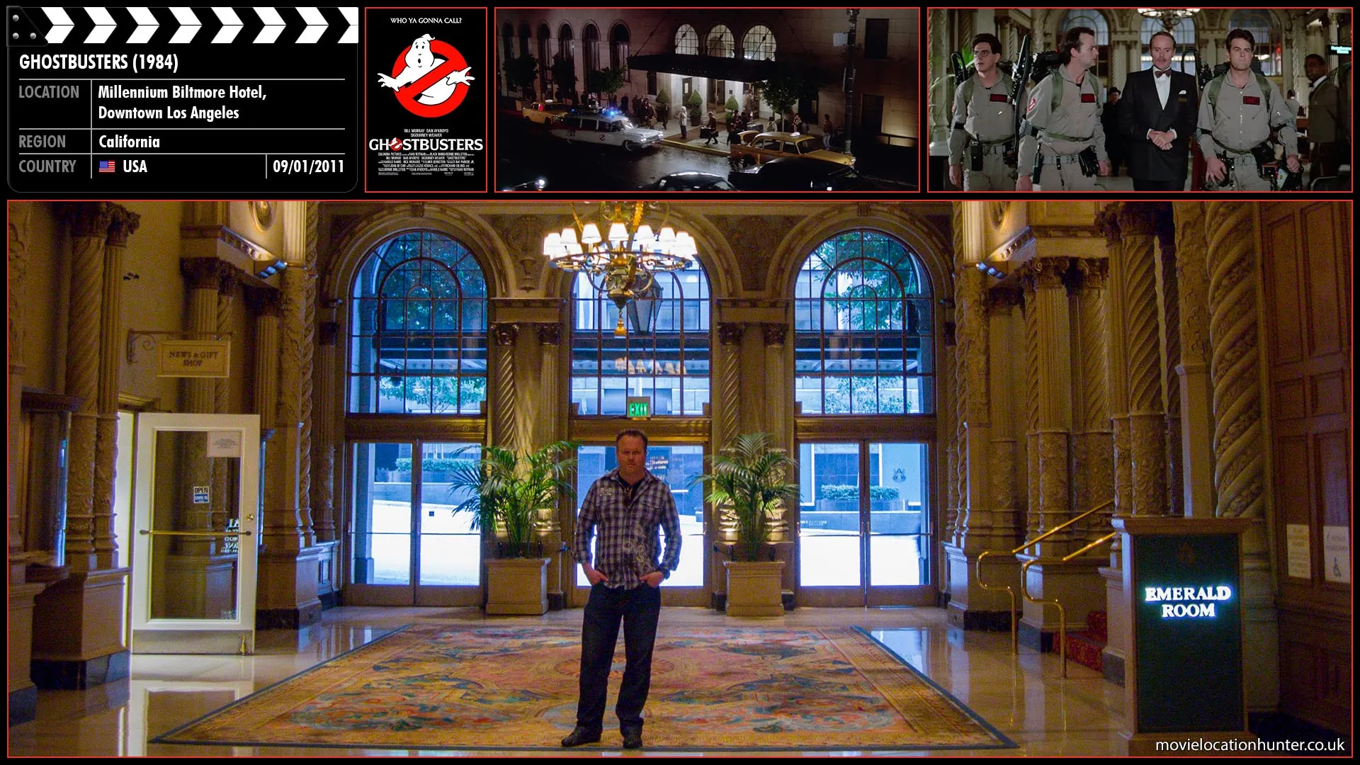 Filming location photo, shot in USA, for Ghostbusters (1984). Scene description: The Ghostbusters sit around enjoying dinner when Janine (Annie Potts) finally gets a call about a ghost. Peter (Bill Murray), Ray (Dan Aykroyd), and Egon (Harold Ramis) quickly dress, and race out of their headquarters, to the Sedgwick Hotel, where the manager (Michael Ensign) informs them of a ghost on the 12th floor.