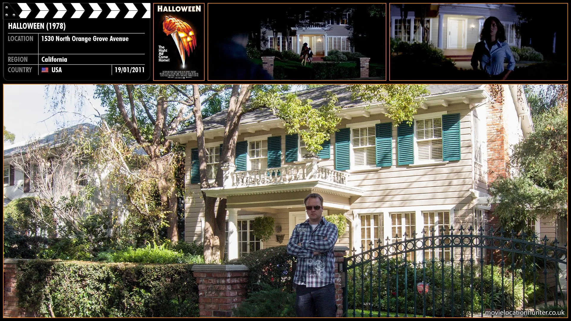 Filming location photo, shot in USA, for Halloween (1978). Scene description: Annie (Nancy Kyes) takes Lindsey (Kyle Richards) across the street to the Doyle house so Laurie (Jamie Lee Curtis) can watch her for the time being.  Later on, at the Doyle house, when Laurie still receives no word from anyone across the street, she grabs her keys and curiously ventures across the street.