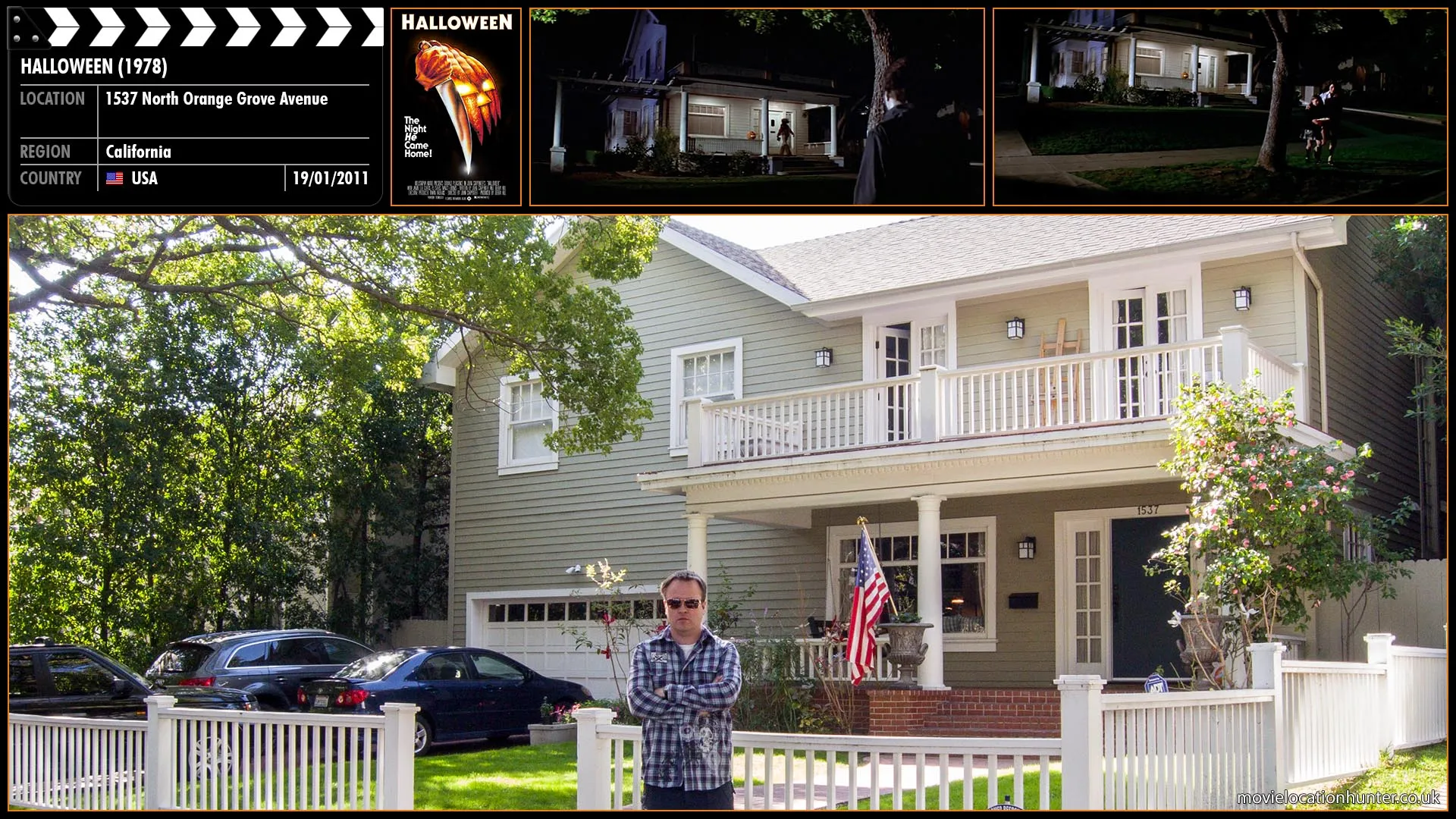 Filming location photo, shot in USA, for Halloween (1978). Scene description: Annie (Nancy Kyes) pulls into the driveway of the Wallace house. As she walks into the house, the Smith's Grove Sanitarium car pulls up along the curve. Michael (Nick Castle) gets out the car and hides behind a tree in the Wallace yard, watching Annie.
