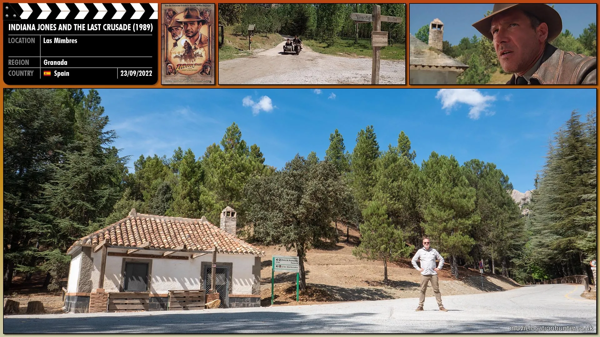 Filming location photo, shot in Spain, for Indiana Jones and the Last Crusade (1989). Scene description: After escaping the castle and German soldiers, Henry (Sean Connery) makes Indy (Harrison Ford) stop the bike as he is travelling in the wrong direction.  Henry explains they must go to Berlin to retrieve his diary. When Indy demands to know why the diary is so important, Henry explains that it details traps that protect the grail and keys to defeating them.  None of which he can remember, hence writing it in his diary.