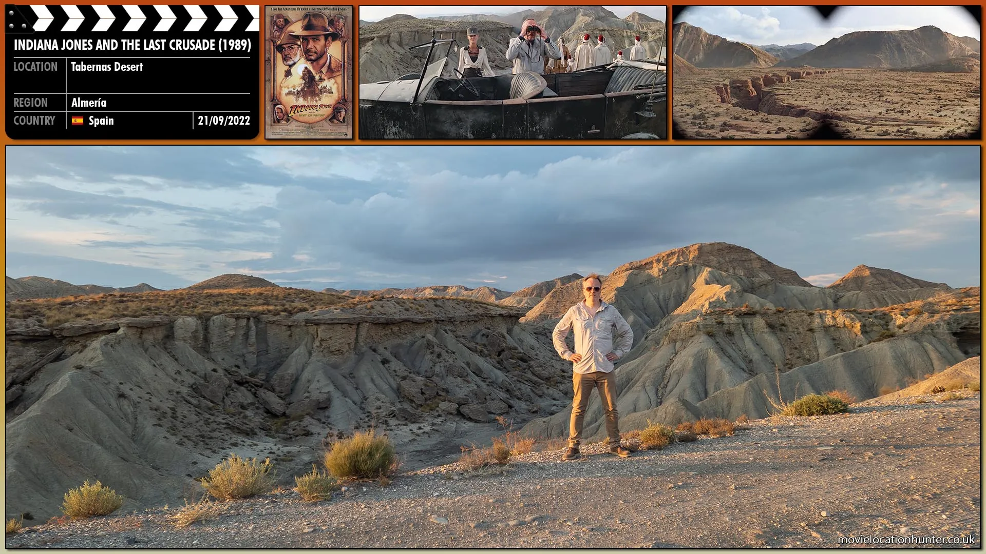 Filming location photo, shot in Spain, for Indiana Jones and the Last Crusade (1989). Scene description: Donovan (Julian Glover) peers through binoculars to see the Canyon of the Crescent Moon