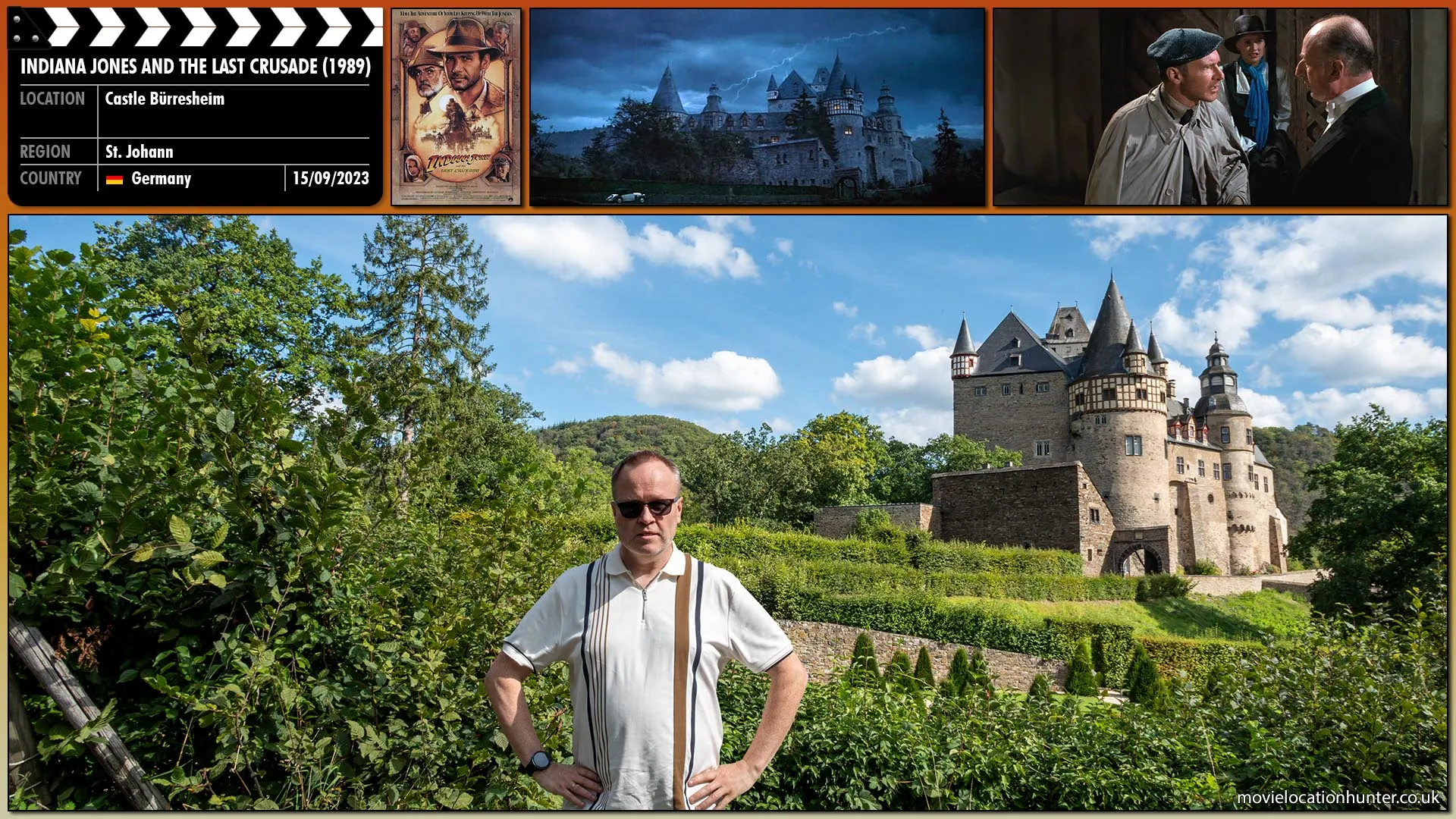 Filming location photo, shot in Germany, for Indiana Jones and the Last Crusade (1989). Scene description: Storm clouds darken the skies. Thunder explodes in the distance and lightning flashes. A Mercedes-Benz drives into the courtyard of the formidable stone castle. : This scene was flipped, and so is my photo, hence my watch appearing on my right wrist.