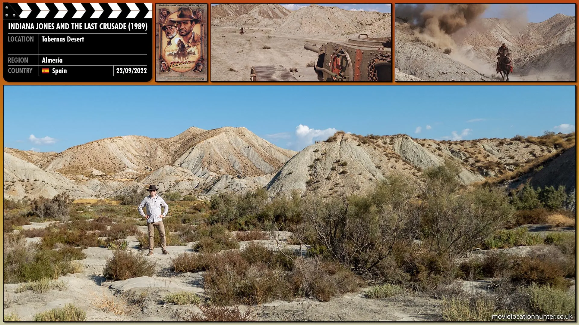 Filming location photo, shot in Spain, for Indiana Jones and the Last Crusade (1989). Scene description: The tank starts firing at Indy on horseback. Indy (Harrison Ford) zigs and zags as the tank fires two rounds at Indy, barely missing him.