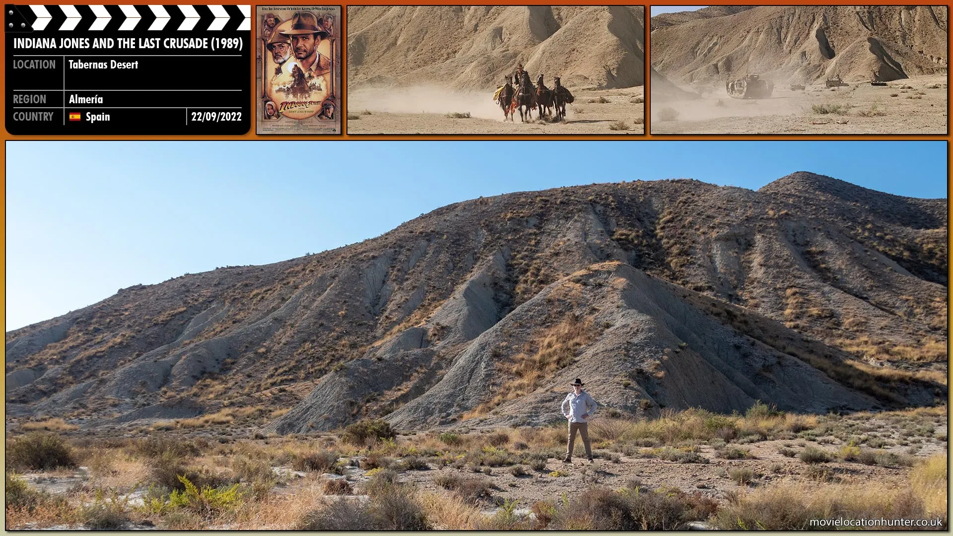 Filming location photo, shot in Spain, for Indiana Jones and the Last Crusade (1989). Scene description: Indy (Harrison Ford) and Sallah (John Rhys-Davies) charge forward leading their horses and camels.  Indy sees the tank in the distance and releases the horses and speeds off as the Vogel (Michael Byrne) instructs the tank to pursue Indy.