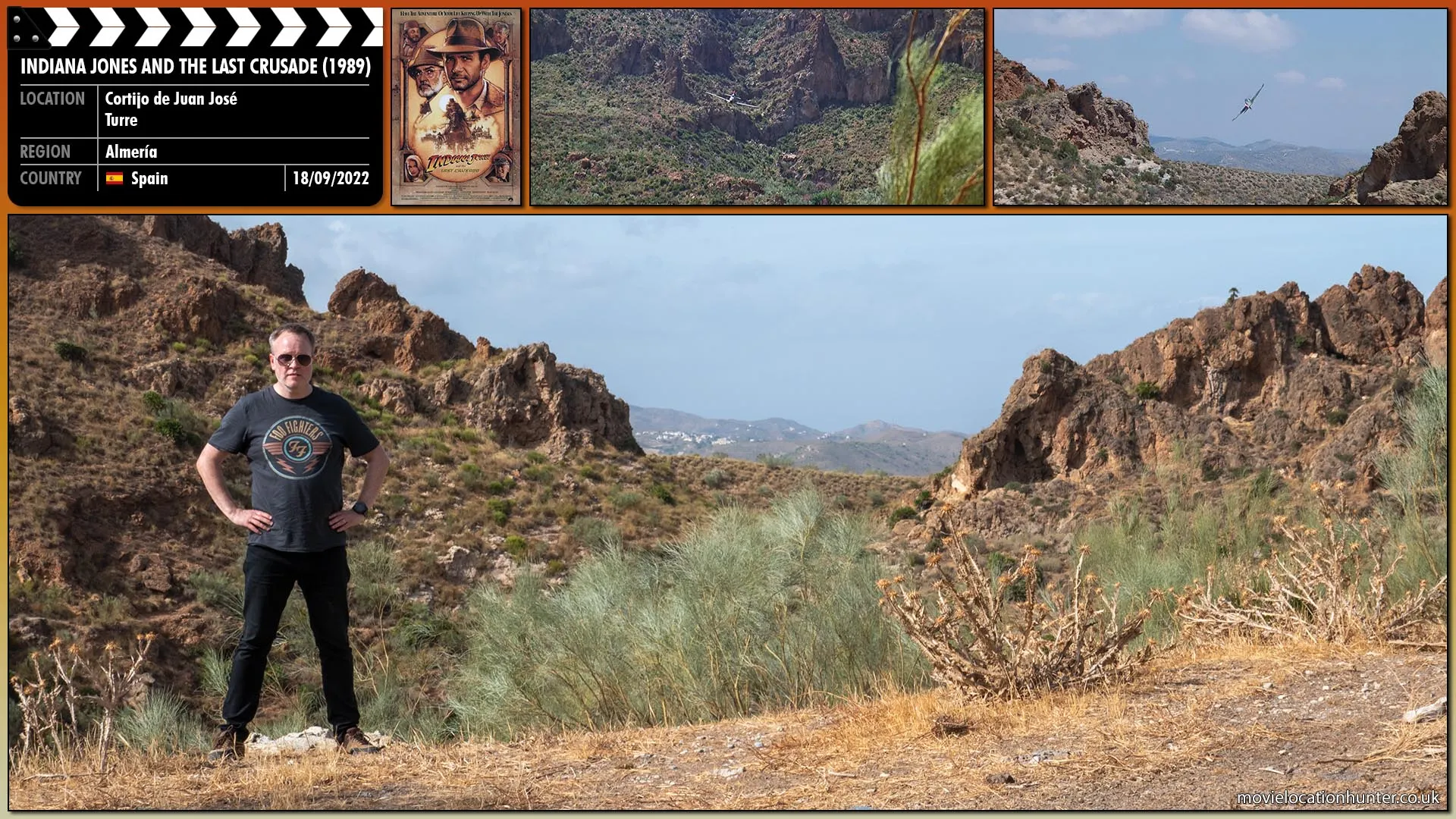 Filming location photo, shot in Spain, for Indiana Jones and the Last Crusade (1989). Scene description: The Messerschmitt flies away preparing to loop around for another attack.