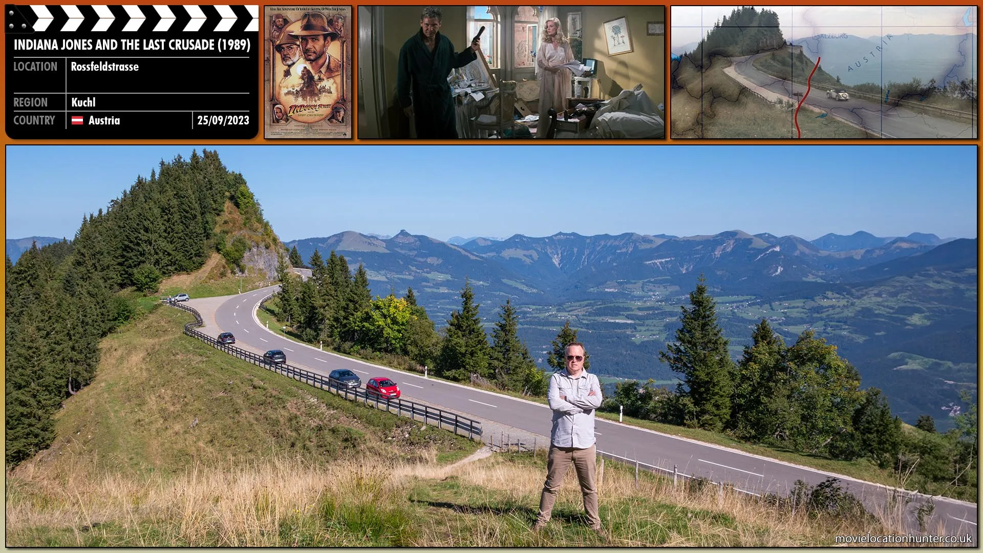 Filming location photo, shot in Austria, for Indiana Jones and the Last Crusade (1989). Scene description: A Mercedes-Benz glides through the sharp mountain curves. This is superimposed over a map that charts their course from Venice across Austria toward Salzburg. : This is the same road used in the previous scene (and pretty much the same location) just filmed in the opposite direction.