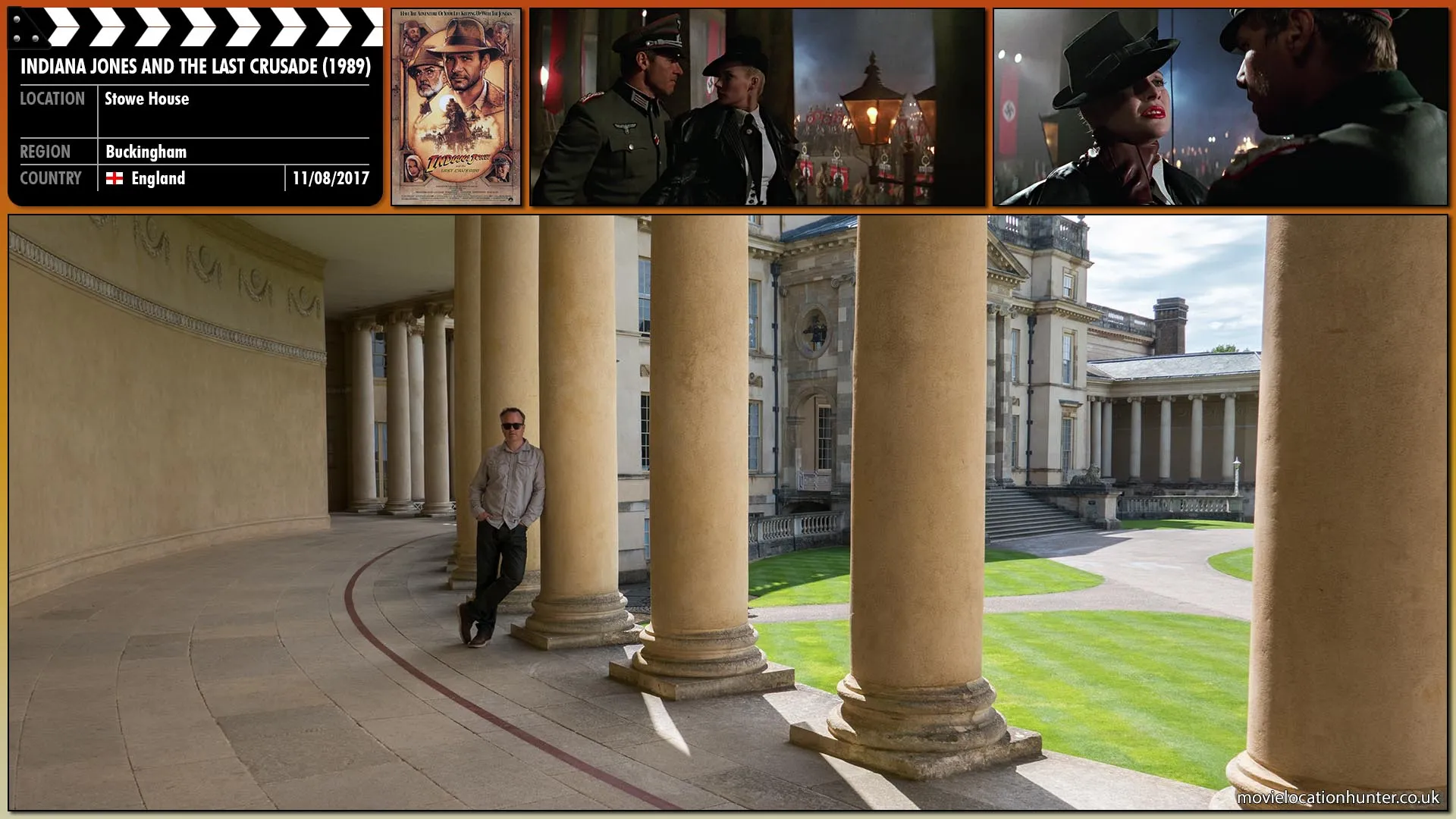 Filming location photo, shot in England, for Indiana Jones and the Last Crusade (1989). Scene description: At a Nazi Rally book-burning party, Indy (Harrison Ford) dressed as a Nazi Officer pushes Elsa (Alison Doody) against a column and begins to search her clothing for the Diary. He pulls the book from Elsa's pocket.