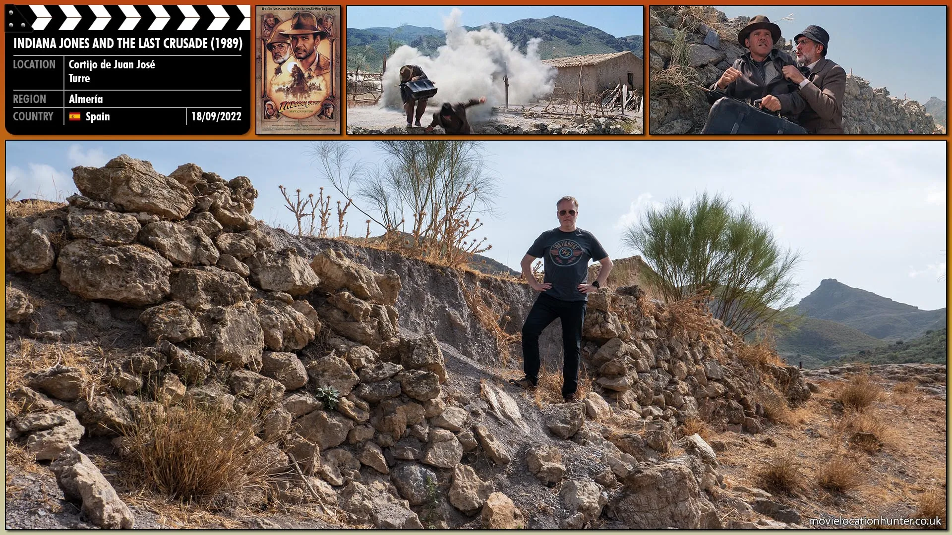 Filming location photo, shot in Spain, for Indiana Jones and the Last Crusade (1989). Scene description: A Messerschmitt flies around for a second attack coming in low and guns blazing.  As bullets explode around them, Indy (Harrison Ford) and Henry (Sean Connery), jump over a stone barricade. Henry frightened, grabs at Indy.