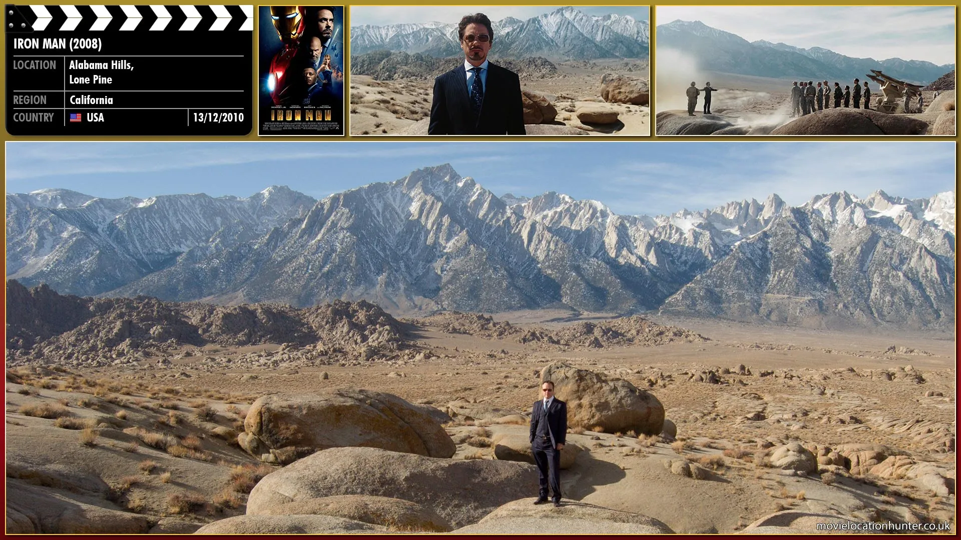 Filming location photo, shot in USA, for Iron Man (2008). Scene description: Tony Stark (Robert Downey Jr.) arrives at a military outpost in Afghanistan to demonstrate his company's latest project: the Jericho, an advanced super-missile system.