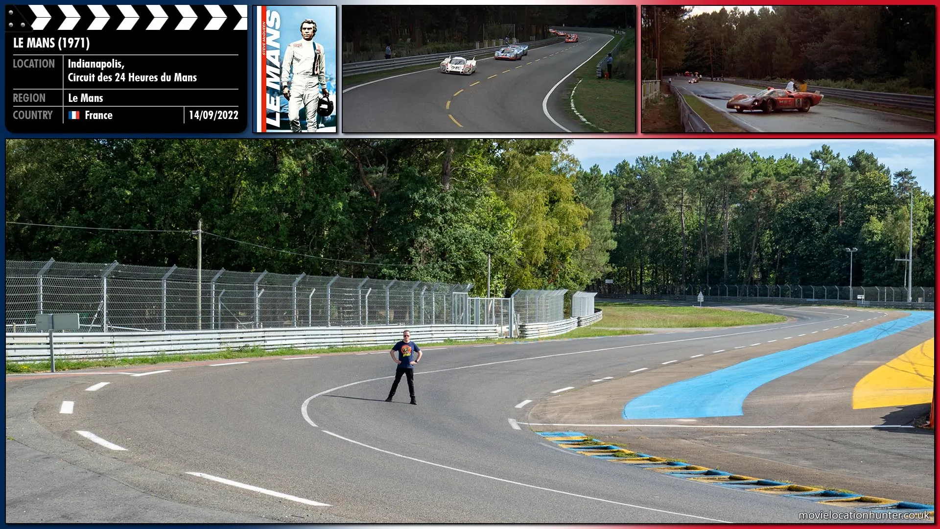 Filming location photo, shot in France, for Le Mans (1971). Scene description: Stahler (Siegfried Rauch) spins in the middle of the track. Claude Aurac (Luc Merenda) in #7 comes around a corner and spins as he tries to avoid hitting Stahler and in doing so is launched into the trees, Claude manages to get out of the wreck just before it explodes.  is the only part of the Le Mans circuit to have more or less kept its original shape.