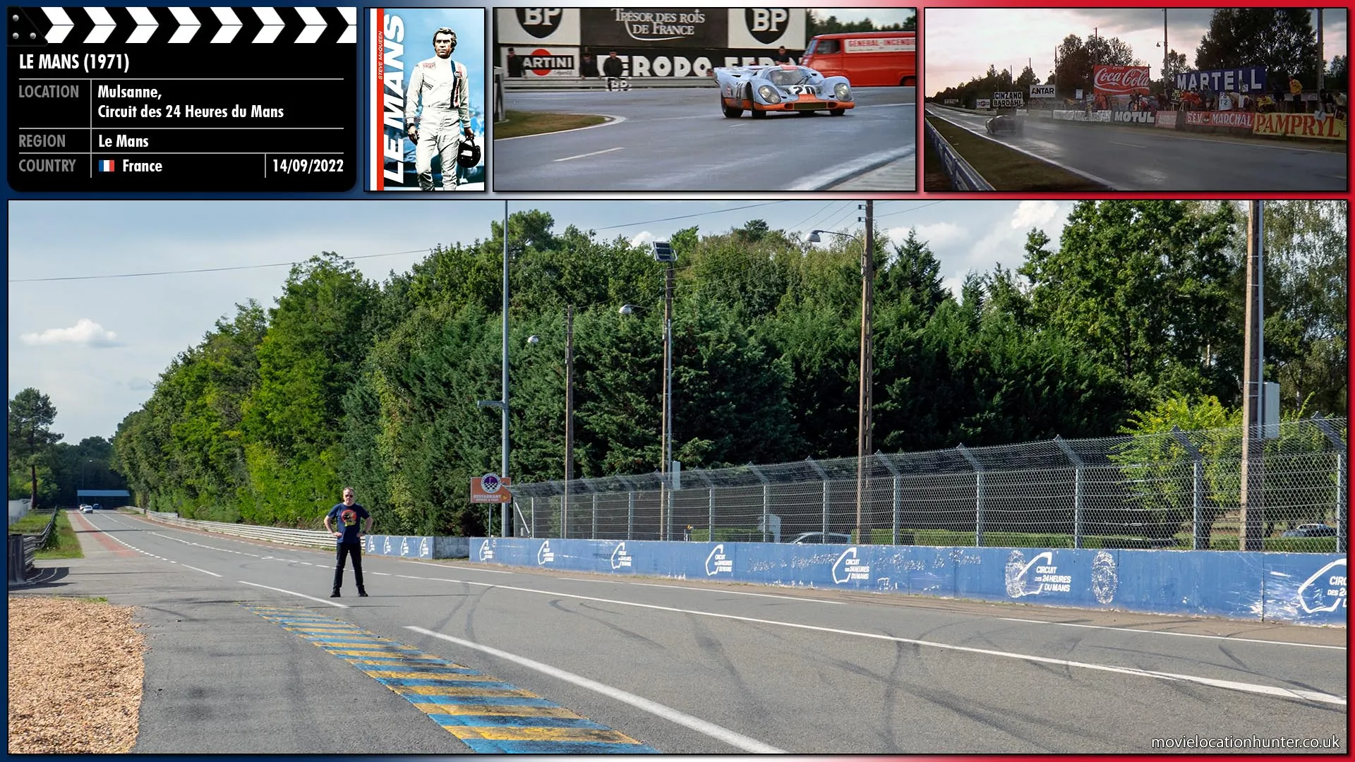 Filming location photo, shot in France, for Le Mans (1971). Scene description: The Mulsanne Corner. Probably one of the most famous corners in road racing.  signaling pits were also based here just after the bend, long before radios were used in racing, crews would telephone to signalers who would hold up information for the passing drivers.
