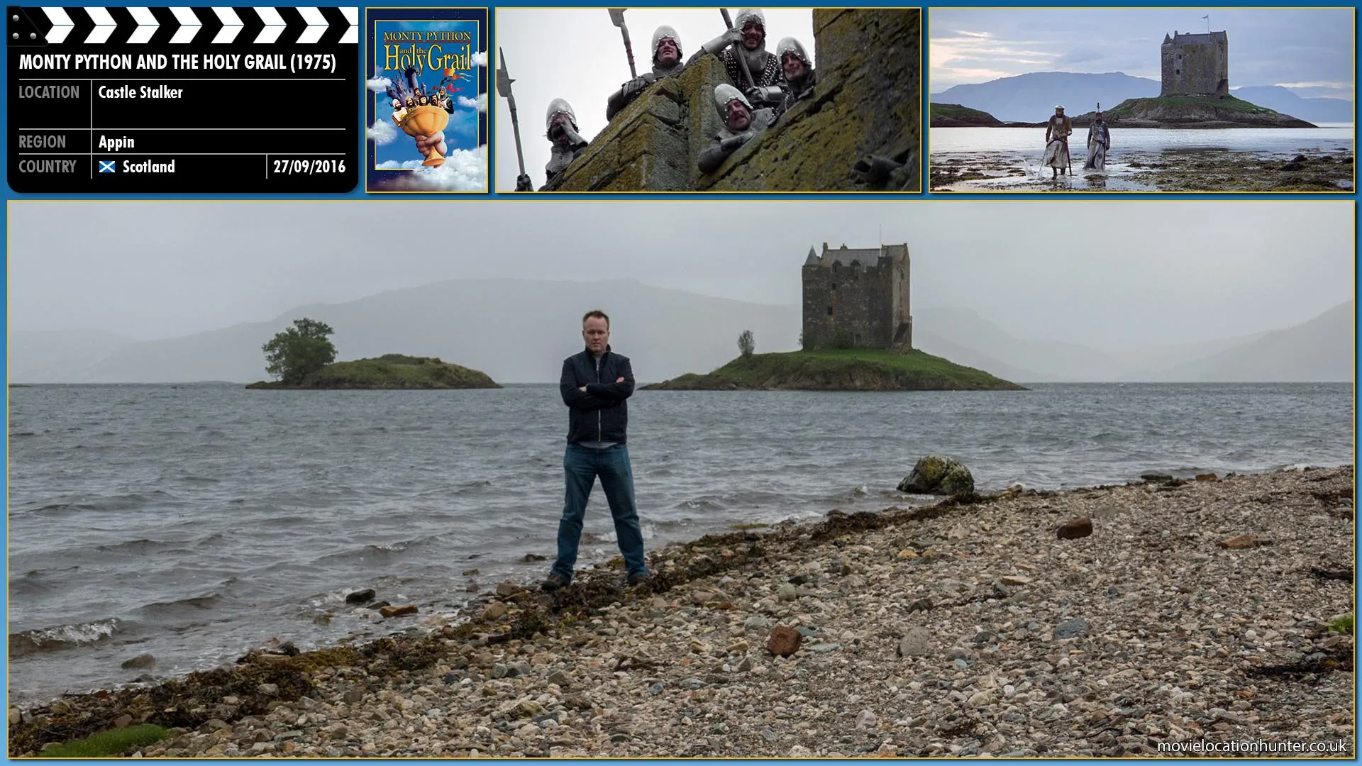 Filming location photo, shot in Scotland, for Monty Python and the Holy Grail (1975). Scene description: Arthur and Bedevere travel to the Castle Aaargh, which they find occupied by the French forces that drove them off earlier. The knights amass a large army and prepare to storm the castle, but just as they begin to charge, the modern police arrive. Arthur and Bedevere are arrested, and one of the officers covers the lens with his hand as the film breaks in the projector.