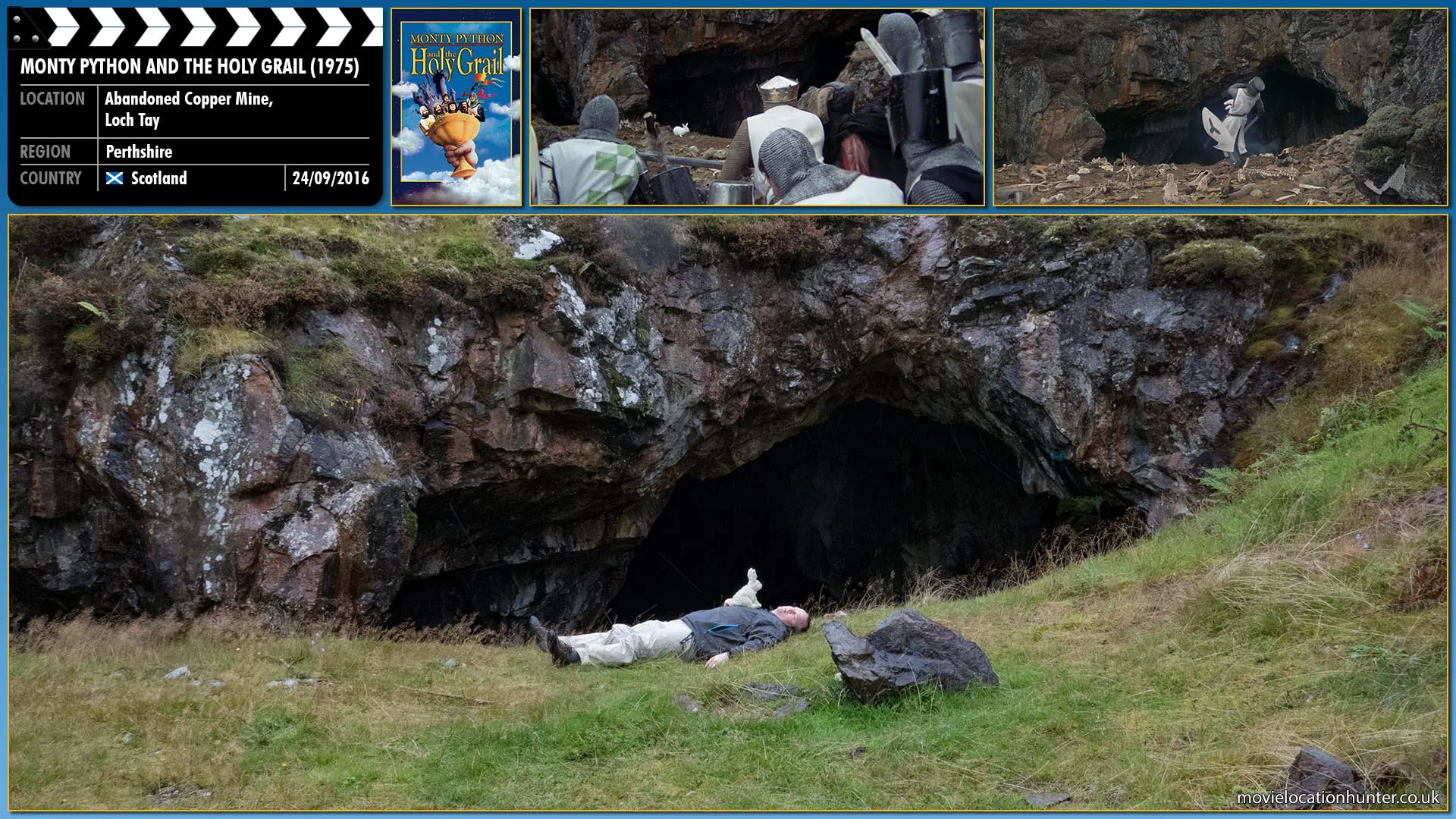 Filming location photo, shot in Scotland, for Monty Python and the Holy Grail (1975). Scene description: To enter the caves, the group must defeat the Rabbit of Caerbannog. After the rabbit kills Gawain, Ector and Bors during a failed attack, Brother Maynard provides the Holy Hand Grenade of Antioch, which Arthur uses to kill the rabbit.