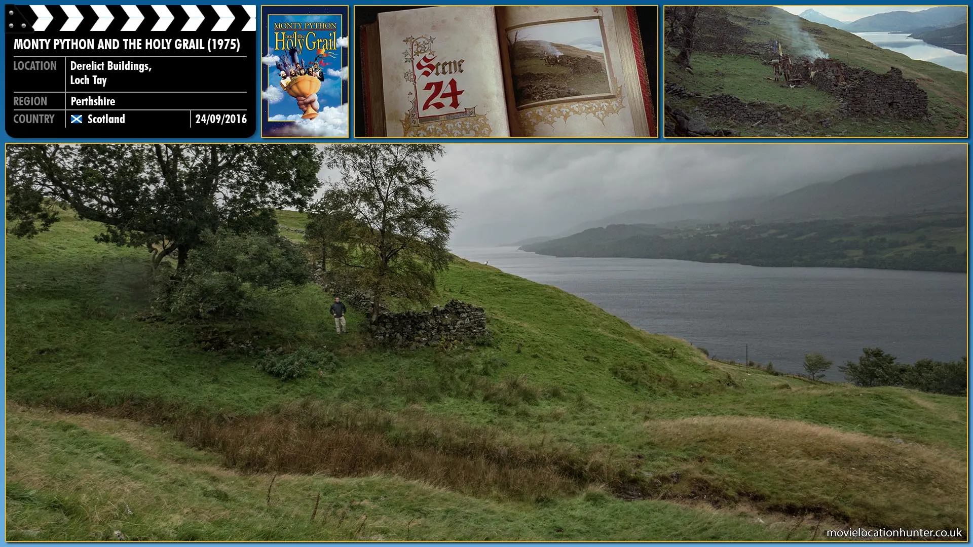 Filming location photo, shot in Scotland, for Monty Python and the Holy Grail (1975). Scene description: And now on to scene 24. A smashing scene with some lovely acting, in which Arthur discovers a vital clue, and in which there aren't any swallows, though I think you can hear a starling...