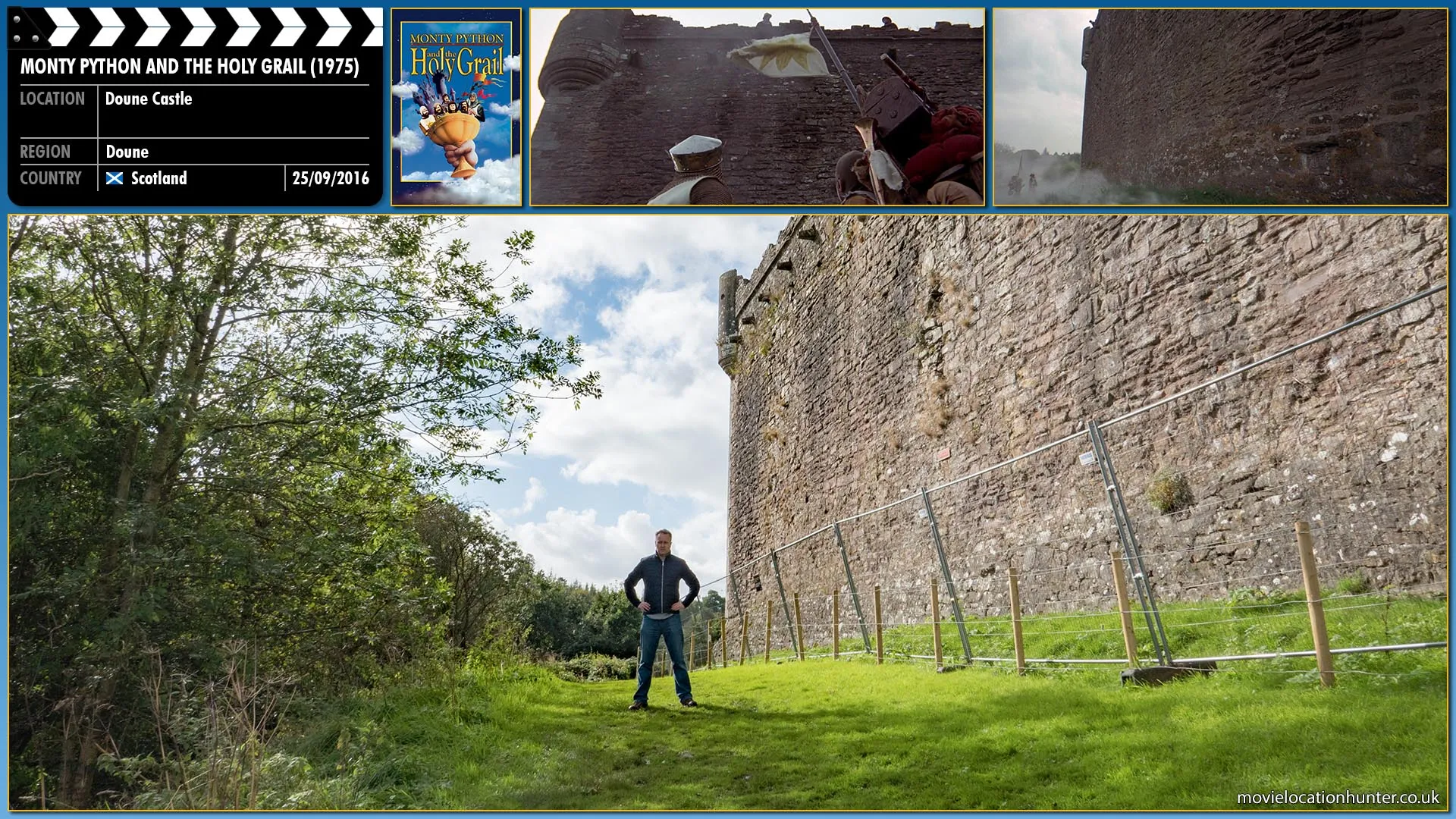 Filming location photo, shot in Scotland, for Monty Python and the Holy Grail (1975). Scene description: Arthur stops at a castle, where the guards ask how Arthur found the coconut halves Patsy uses to simulate the sound of horses galloping. Arthur leaves after his encounter becomes a discussion about African and European swallows.