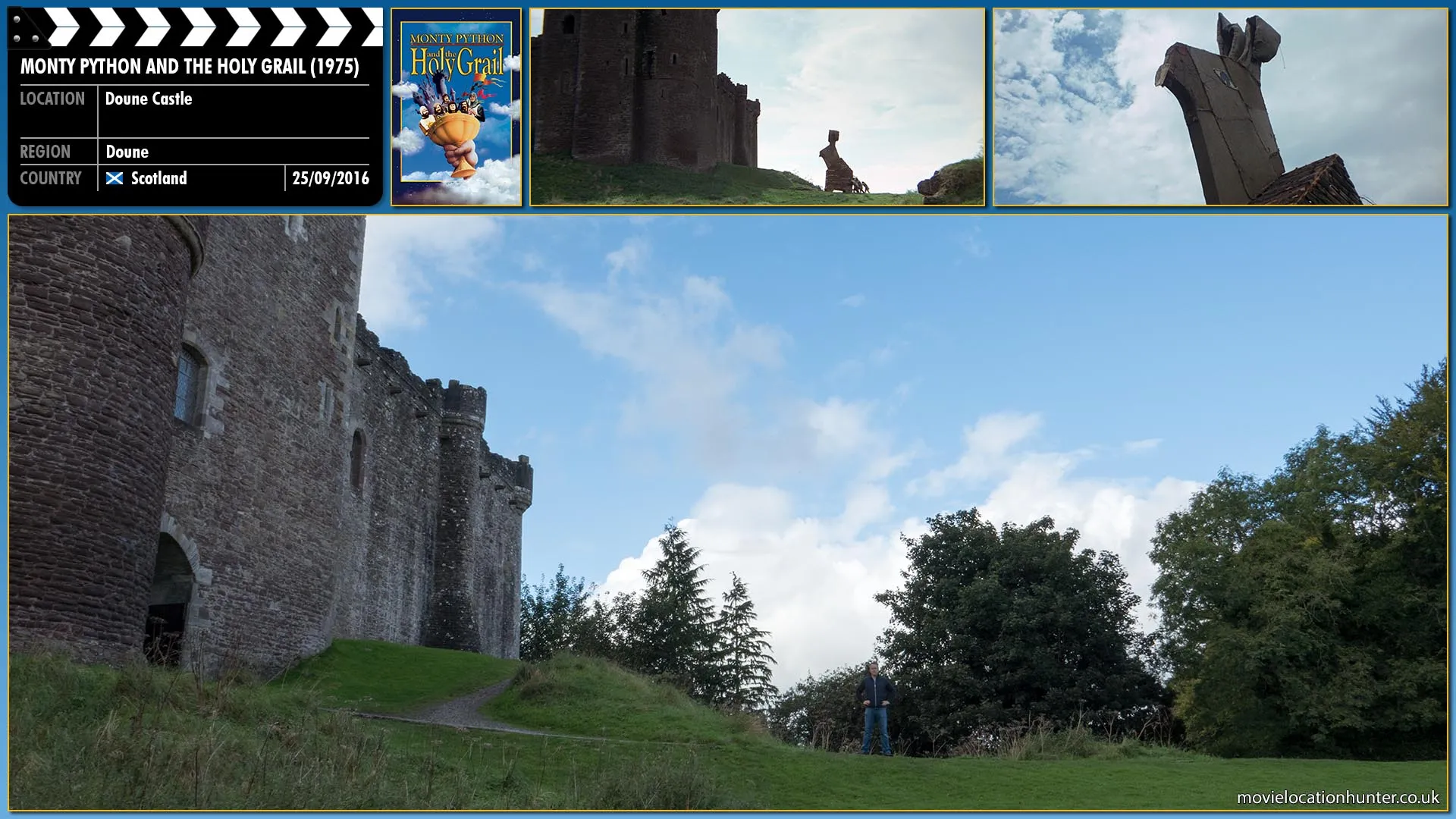 Filming location photo, shot in Scotland, for Monty Python and the Holy Grail (1975). Scene description: After a failed invasion of the castle with the French soldiers throwing animals at them, the knights try sneaking into the castle in a Trojan Rabbit, but forget to hide inside it. The rabbit is catapulted at them and crushes one of the knights' servants.