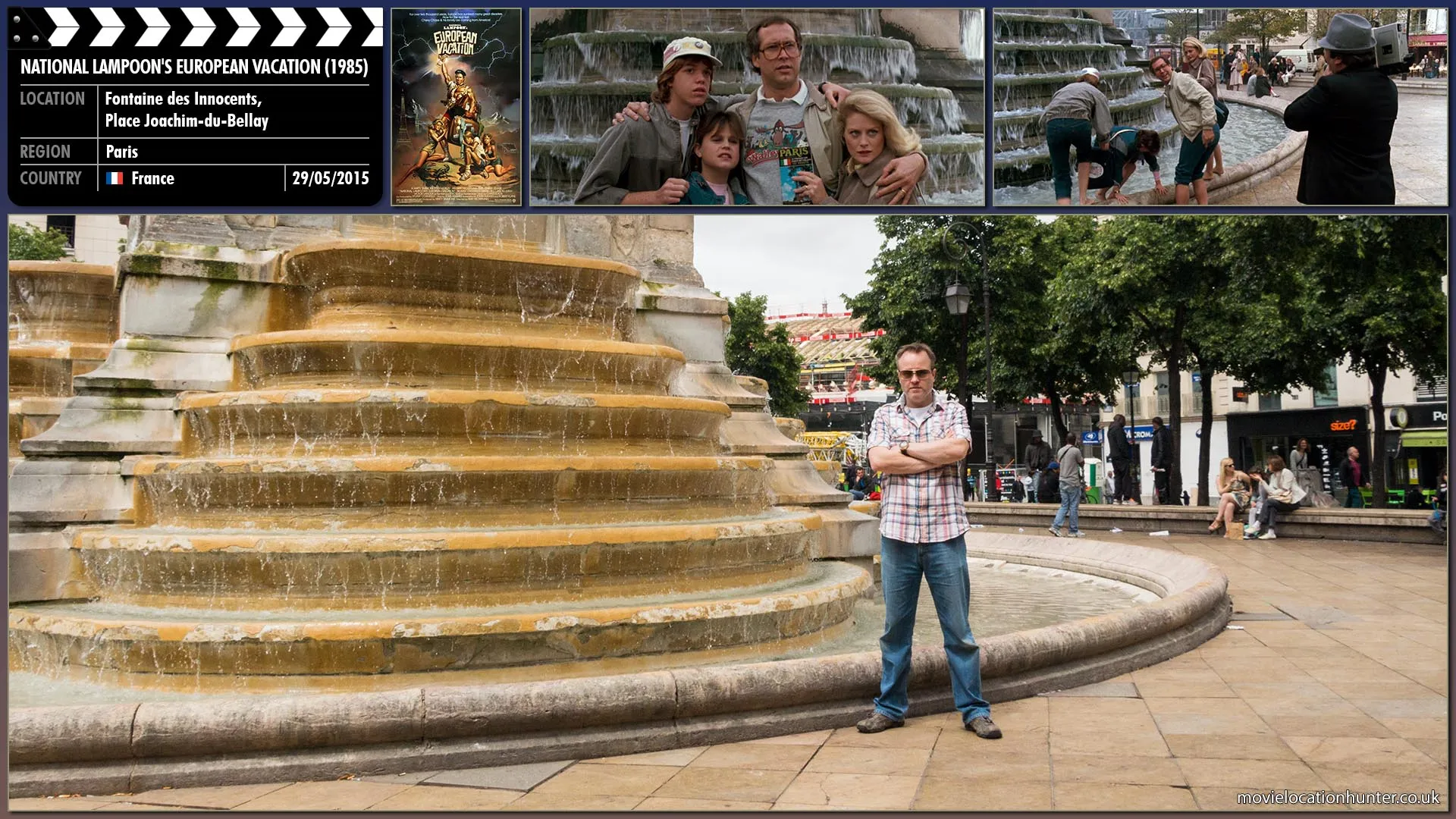 Filming location photo, shot in France, for National Lampoon's European Vacation (1985). Scene description: Clark (Chevy Chase) has a Frenchman use the camcorder to tape the Griswolds near a water fountain, but the Frenchman steals the camera, with a videotape inside of it.