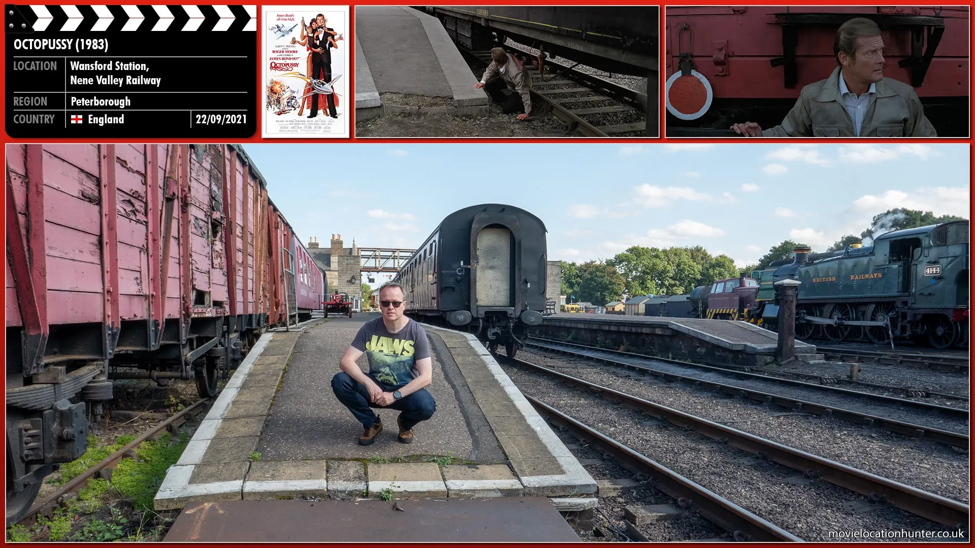Filming location photo, shot in England, for Octopussy (1983). Scene description: Bond (Roger Moore), wearing a worker’s jacket, sneaks around the station arriving at a jewellery boxcar for a closer look.  Fearing he might be seen he ducks underneath the boxcar.
