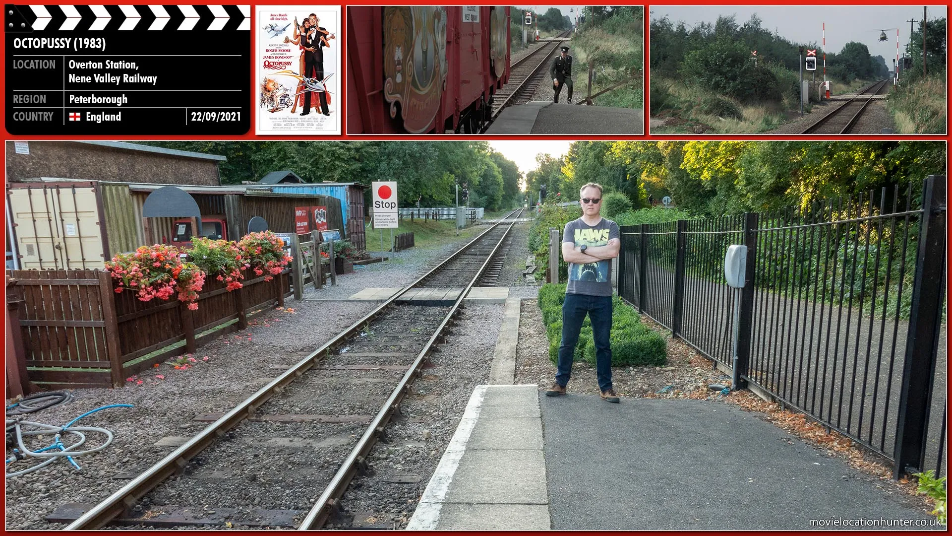 Filming location photo, shot in England, for Octopussy (1983). Scene description: The Octopussy circus train stops at the West German border.  At the same time Orlov (Steven Berkoff) is desperately trying to catch the train before it departs and crosses the border.  The train starts to move through the border gates just as Orlov arrives.  At the same time Gogol (Walter Gotell) is arriving by helicopter to apprehend Orlov.