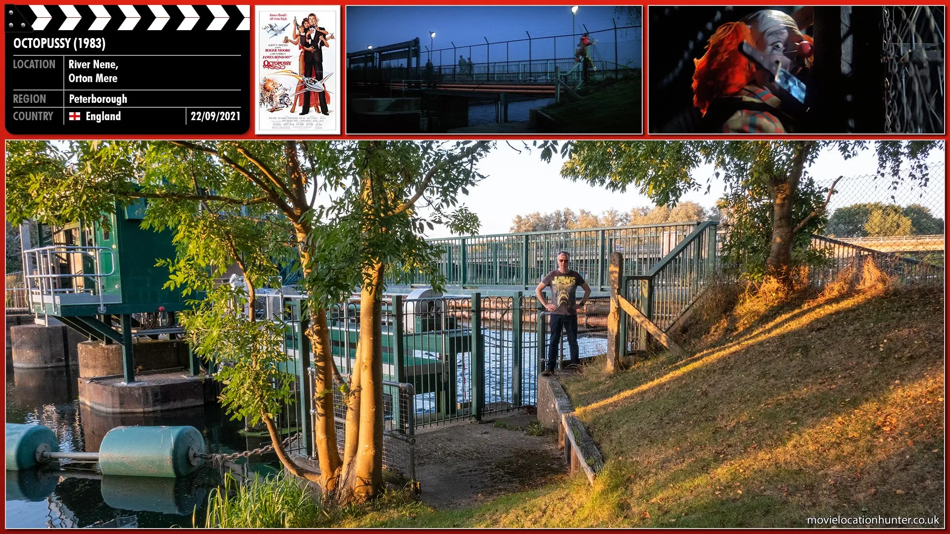 Filming location photo, shot in England, for Octopussy (1983). Scene description: As 009 (Andy Bradford) tries to escape at a border crossing into West Germany, one of the twins hits him in the back with a throwing knife and he falls into a river and is washed away.