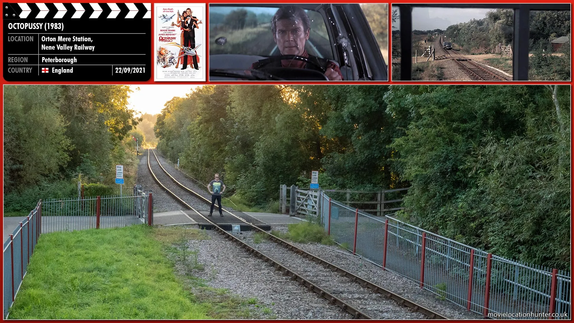 Filming location photo, shot in England, for Octopussy (1983). Scene description: A signal man watches the Octopussy circus train pass by and to his surprise sees Bond (Roger Moore) in pursuit driving a car on the same track.