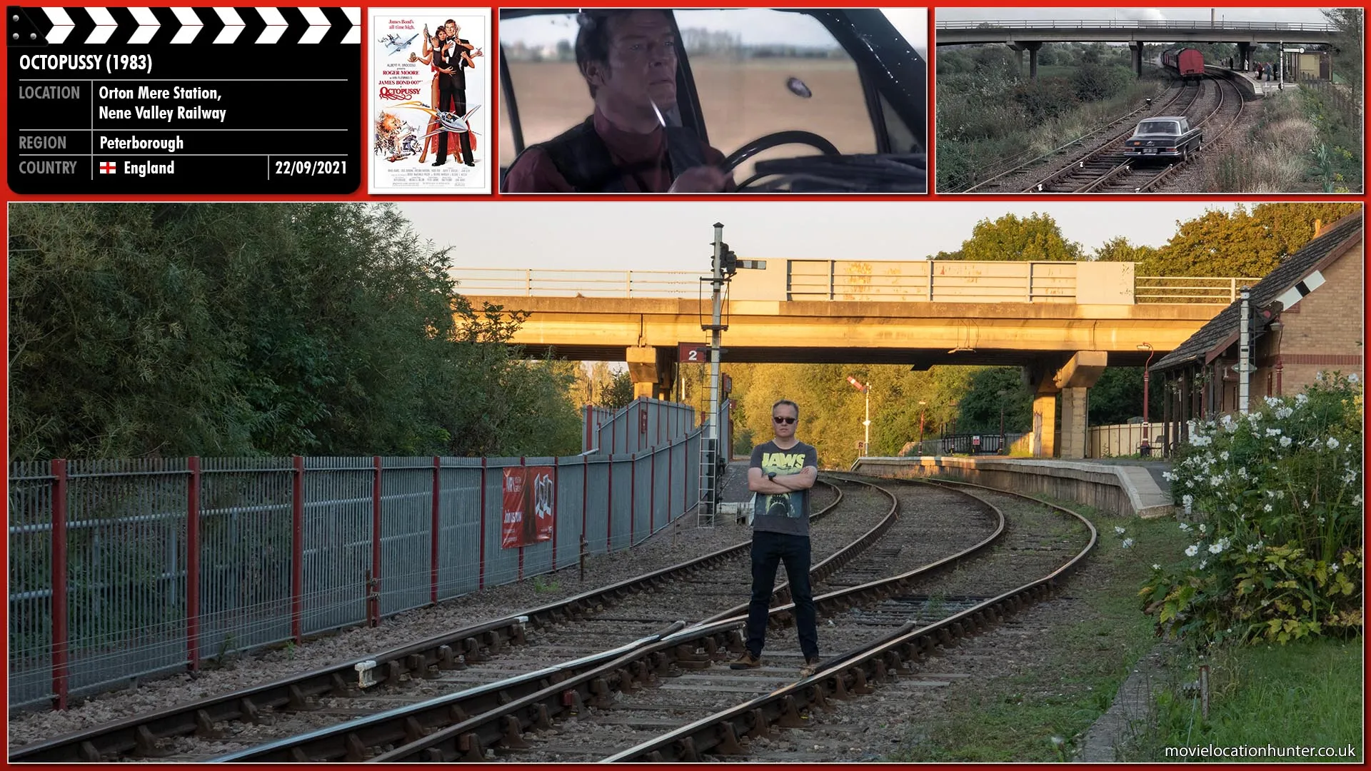 Filming location photo, shot in England, for Octopussy (1983). Scene description: After the Octopussy circus train passes the signal box the signal man throws a switch and diverts Bond (Roger Moore) onto another track that runs parallel.