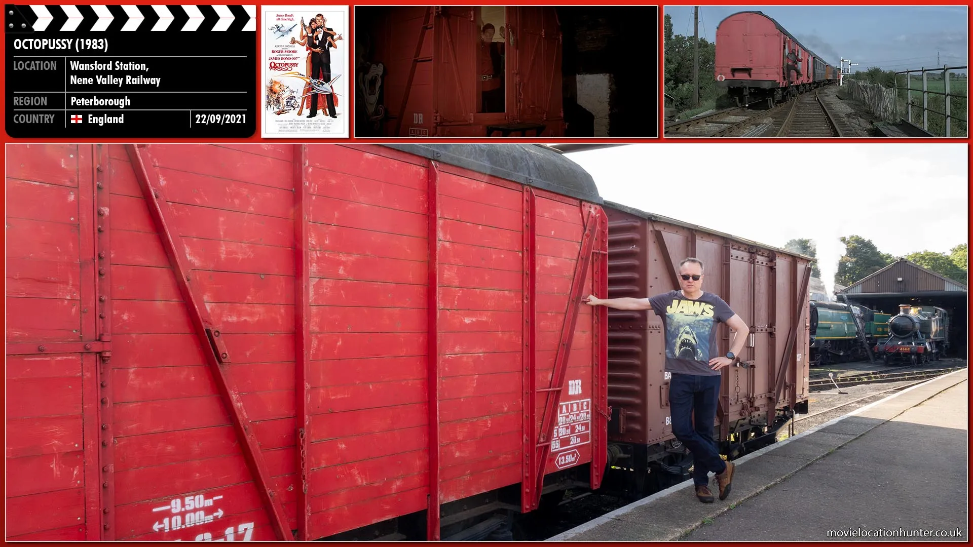 Filming location photo, shot in England, for Octopussy (1983). Scene description: After jumping from a car, Bond (Roger Moore) hangs on to the side of boxcar that is carrying the bomb.