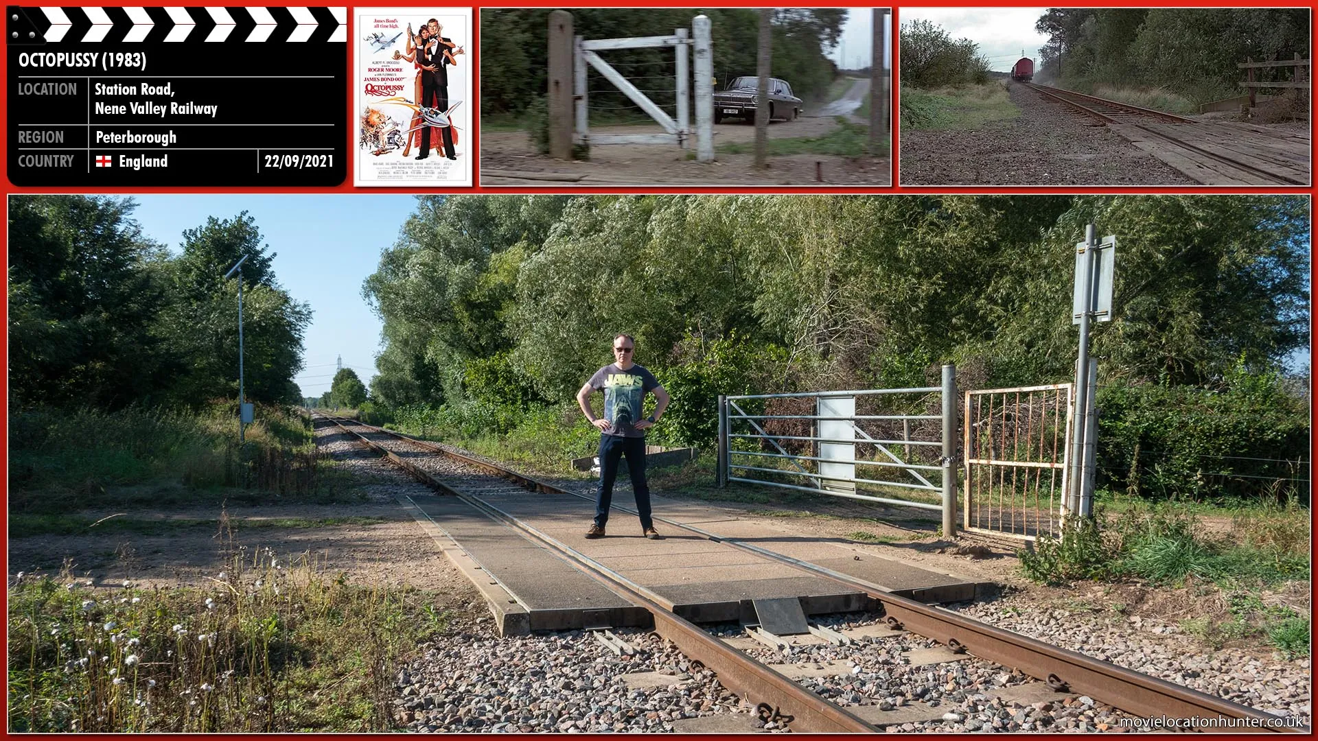 Filming location photo, shot in England, for Octopussy (1983). Scene description: The Octopussy circus train passes over a level crossing shortly after Orlov's (Steven Berkoff) car flies over the same crossing in pursuit of the train.