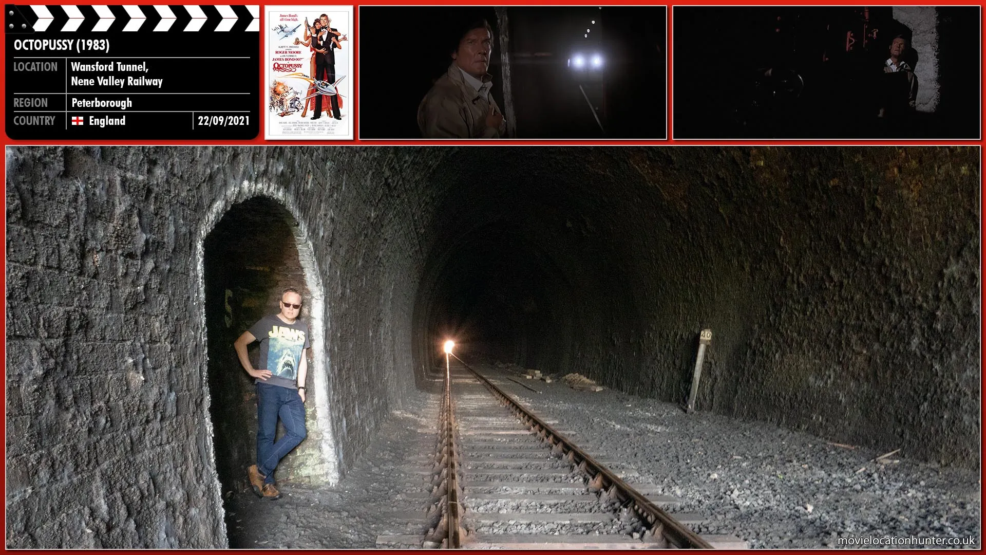 Filming location photo, shot in England, for Octopussy (1983). Scene description: In the darkness of a train tunnel, Bond (Roger Moore) hides in a dead man's hold from where he has a good view of the boxcar being prepared with a bomb.