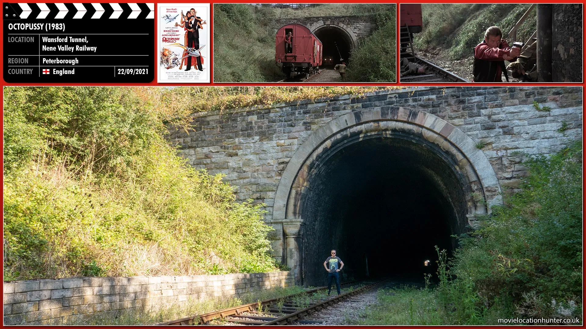 Filming location photo, shot in England, for Octopussy (1983). Scene description: Bond (Roger Moore) shoots at Orlov (Steven Berkoff) who runs into the darkness of the train tunnel.  In return, guards fire back at Bond who hides behind a boxcar for cover.