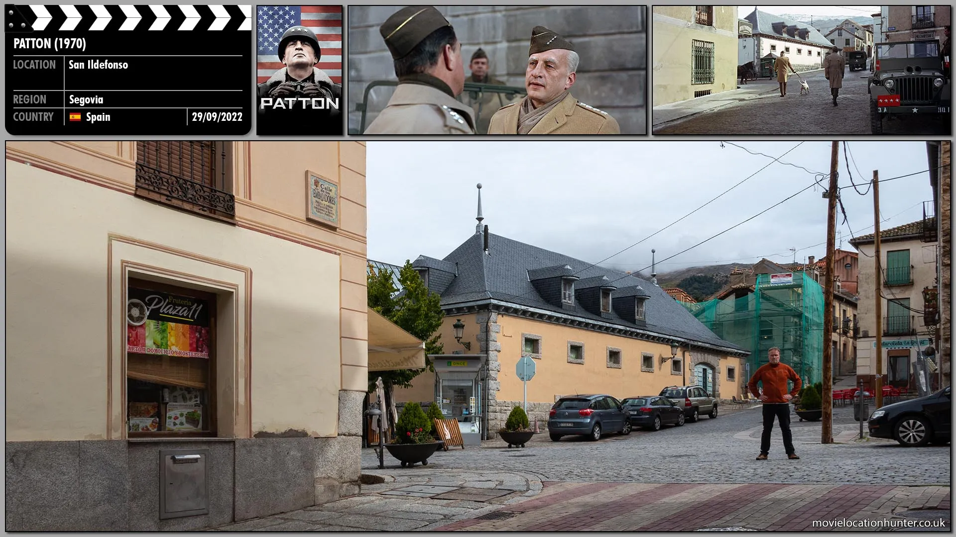 Filming location photo, shot in Spain, for Patton (1970). Scene description: Patton (George C. Scott) arrives at his parked jeep where his driver hands him the leash of Willy his dog.  Just before leaving, Bradley (Karl Malden) stops Patton to tell him that he did a magnificant job in Europe.  Overwhelmed by Bradley's generosity, Patton's face breaks into a big, sudden grin.  He turns away, leading Willy with him as Bradley watches him go.
