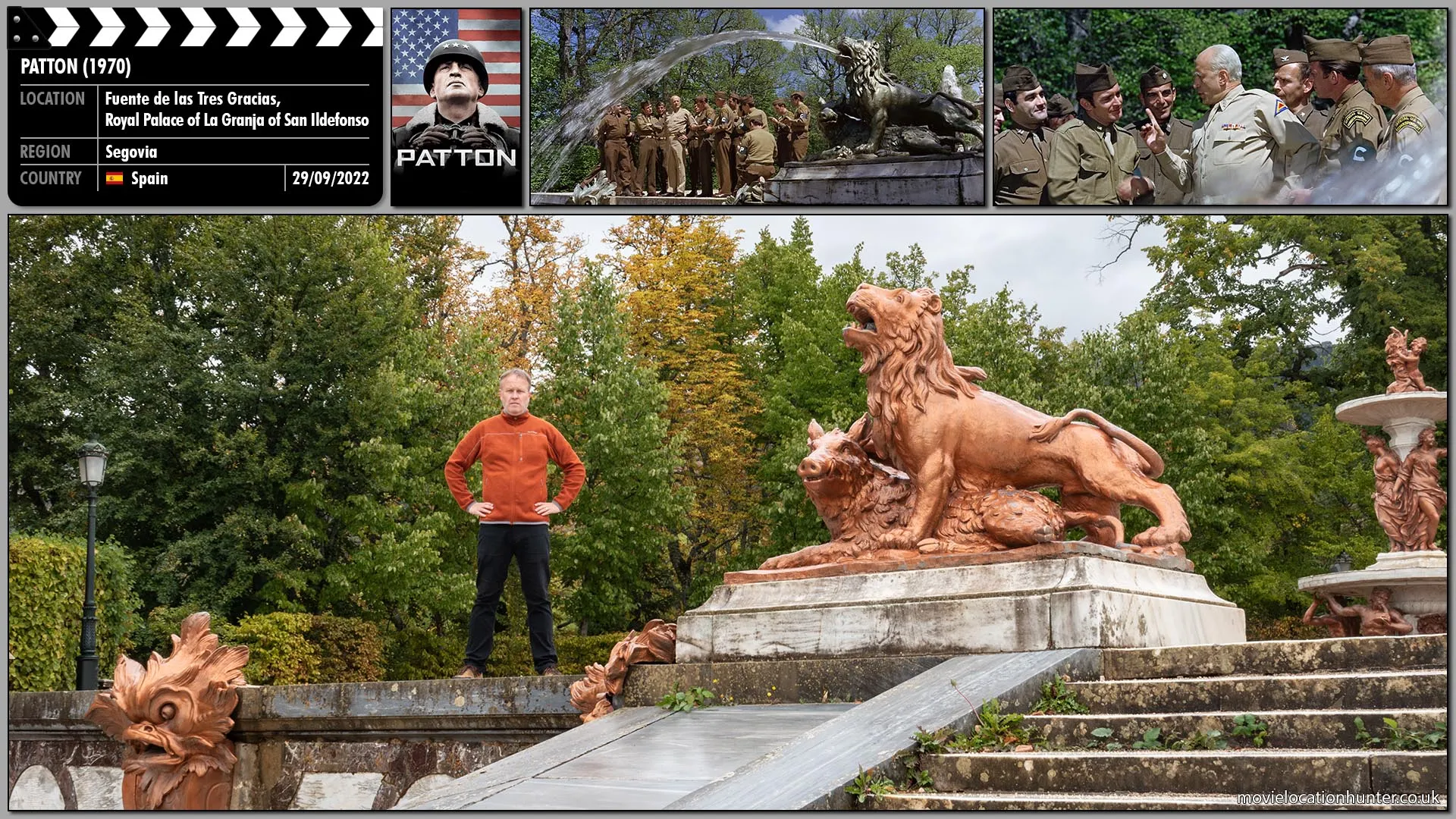 Filming location photo, shot in Spain, for Patton (1970). Scene description: A correspondent asks Patton (George C. Scott) about his opinion of General Montgomery (Michael Bates).  He notices the men have been scribbling furiously and is hesitant regarding his view.  He does however declare he is going to beat Montgomery to Messina!