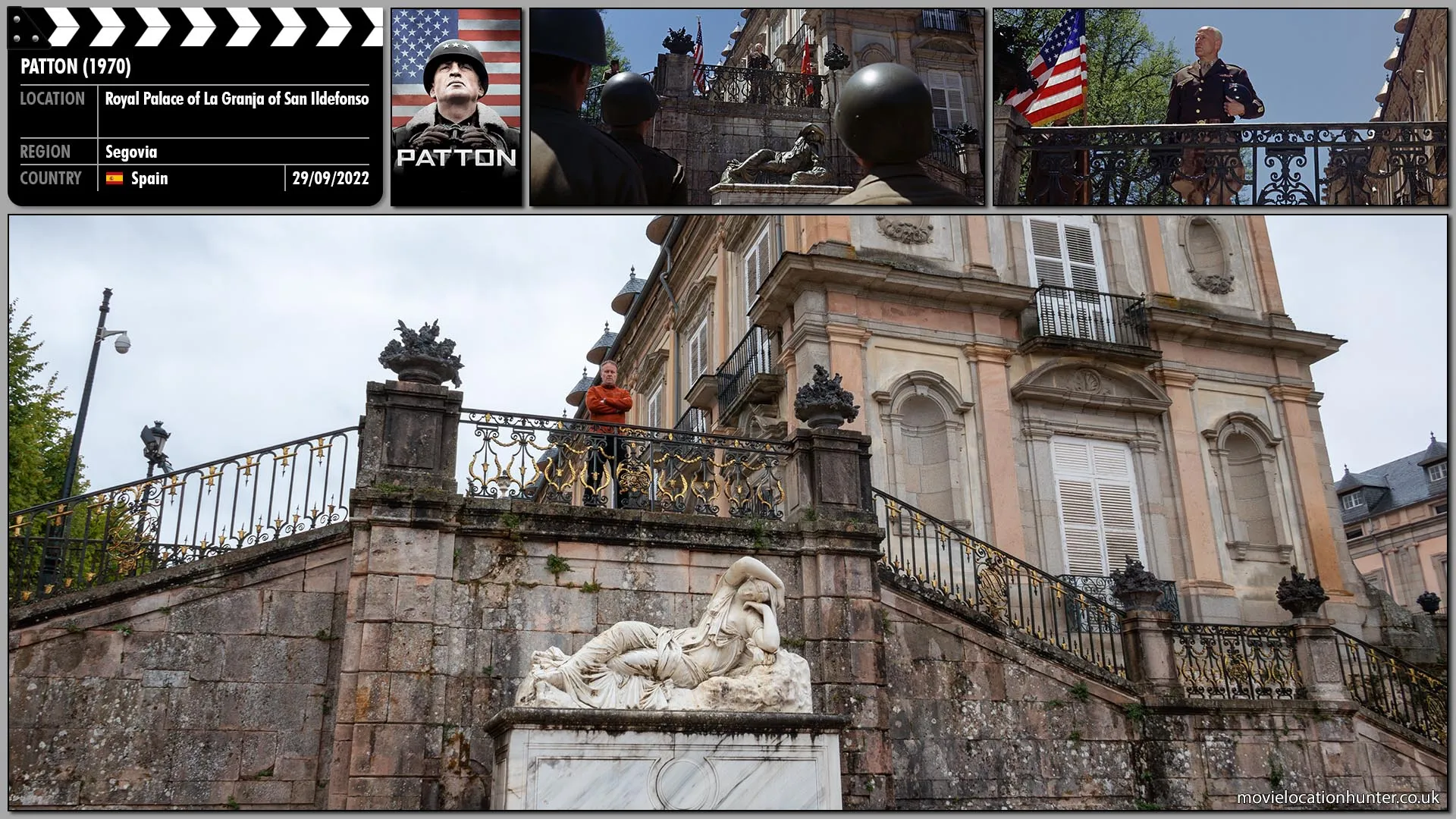Filming location photo, shot in Spain, for Patton (1970). Scene description: Patton (George C. Scott) looks over the young GIs watching him.  He looks over the men intently, takes a deep breath, and pulls himself to his full height and begins to address them.