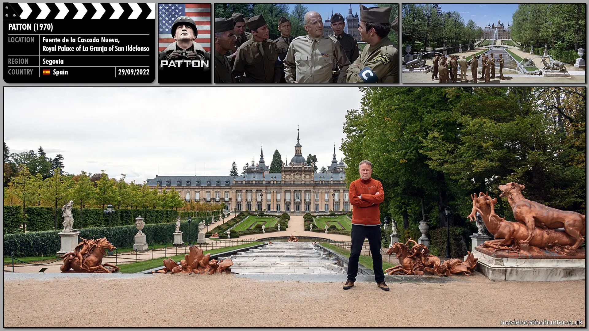 Filming location photo, shot in Spain, for Patton (1970). Scene description: Patton (George C. Scott) stands like a conquering king as he conducts a press conference.