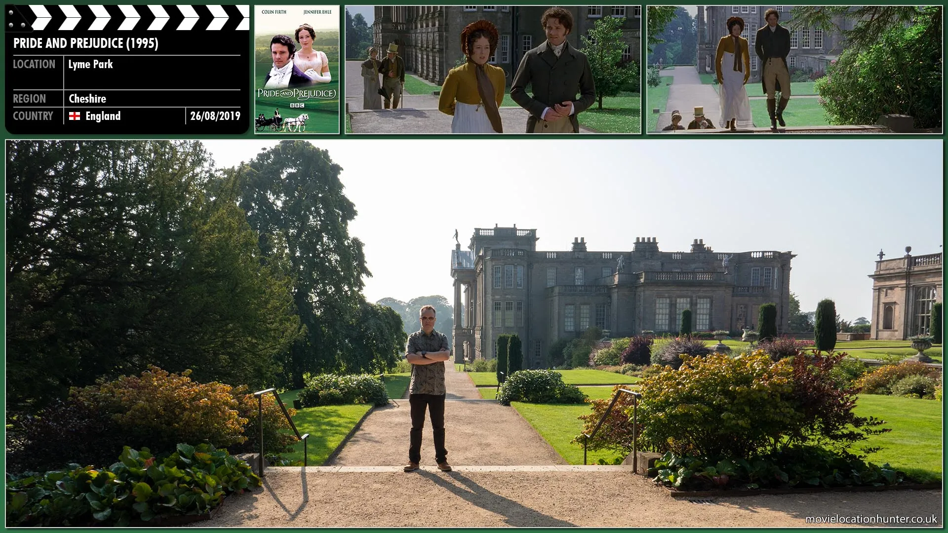 Filming location photo, shot in England, for Pride & Prejudice (2005). Scene description: Darcy (Colin Firth) walks to view the lake with Mr Gardiner (Tim Wylton), Elizabeth (Jennifer Ehle) and Mrs Gardiner (Joanna David) follow arm in arm.  Darcy invites Elizabeth to walk down a path with him. The Gardiners notice them leaving and follow some distance behind.