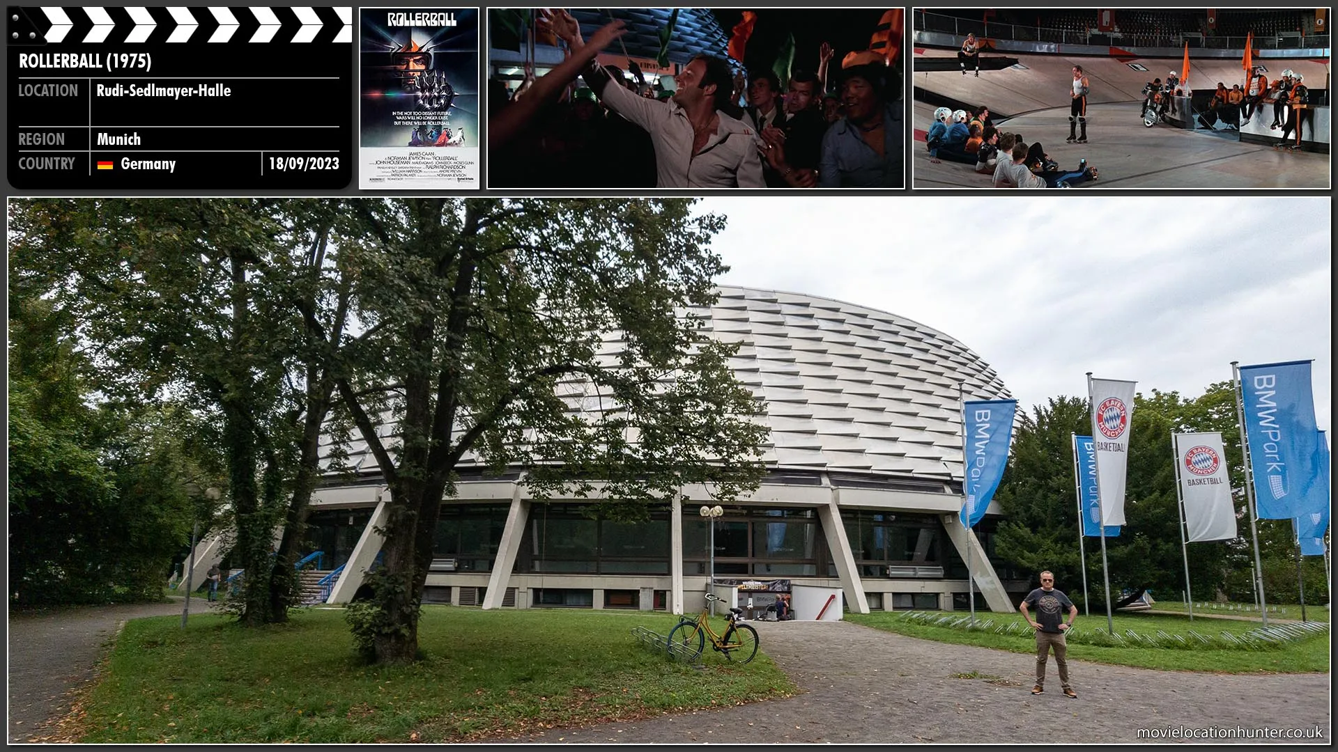 Filming location photo, shot in Germany, for Rollerball (1975). Scene description: It is the year 2018. There are no wars, poverty, or violence on the entire planet Earth. People get their frustrations out by watching and attending Rollerball games.  Houston team plays against Madrid and wins, with their star player Jonathan E (James Caan) doing most of the scoring. It's an extremely violent game, but the players thoroughly enjoy it.