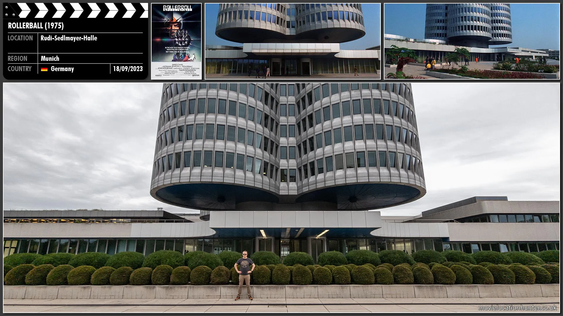 Filming location photo, shot in Germany, for Rollerball (1975). Scene description: Houston, Texas in the future resembles a prosperous western European city from the late 20th century. Jonathan (James Caan) comes to visit Barthlomew (John Houseman) and is informed he needs to retire, per Energy Corporation executives, but Jonathan resists.