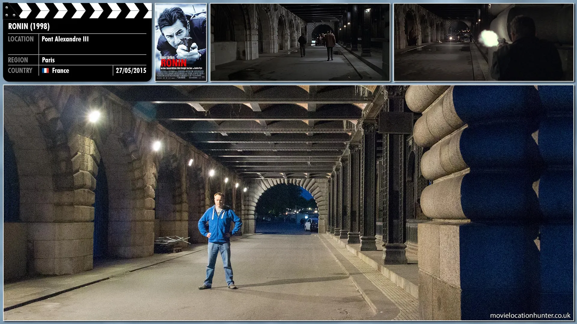 Filming location photo, shot in France, for Ronin (1998). Scene description: Spence (Sean Bean), Sam (Robert De Niro), Vincent (Jean Reno) and Larry (Skipp Sudduth) meet Spence's contacts under the Pont Alexandre III (Bridge of Alexander III) on the Seine.  When Spence talks to the dealers, he's dismayed to find that they brought only half the weaponry he'd ordered. The other half is allegedly in another car on the other side of the bridge. Sam immediately smells a trap but agrees to accompany Spence for protection. As they approach the dealers' shady boss, a fat man in an overcoat, Sam sees a sniper hiding in the rafting of the bridge and shoots him. The rest of the dealers open fire while Spence, Vincent and Sam return it.