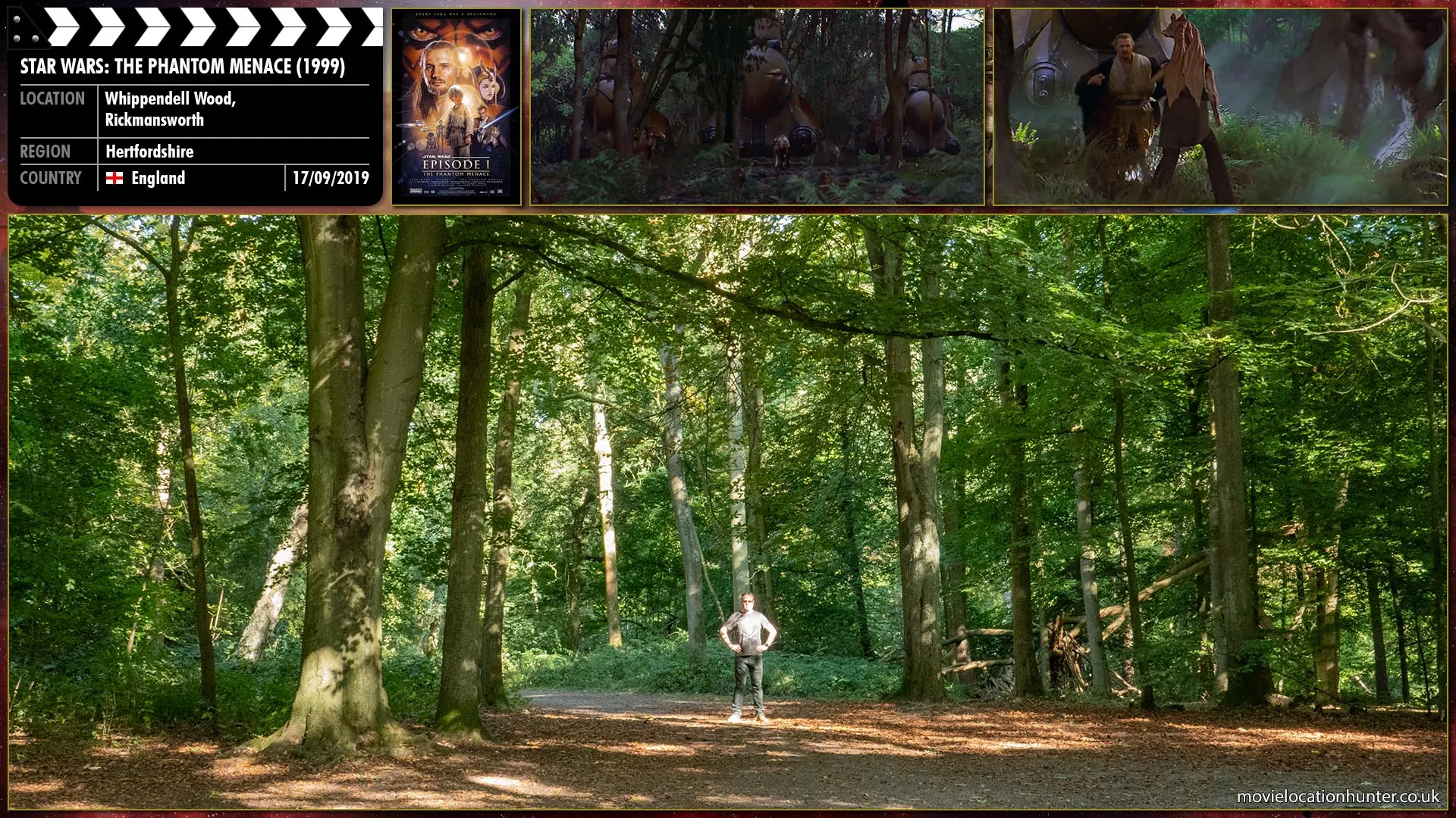 Filming location photo, shot in England, for Star Wars: The Phantom Menace (1999). Scene description: Qui-Gon (Liam Neeson) runs through the strange landscape, glancing back to see the monstrous troop transports emerging from the mist. Animals large and small begin to run past him in a panic. It becomes a stampede as one of the huge MTT’s moves in Qui-Gon’s direction, smashing through trees, trying to run him down.