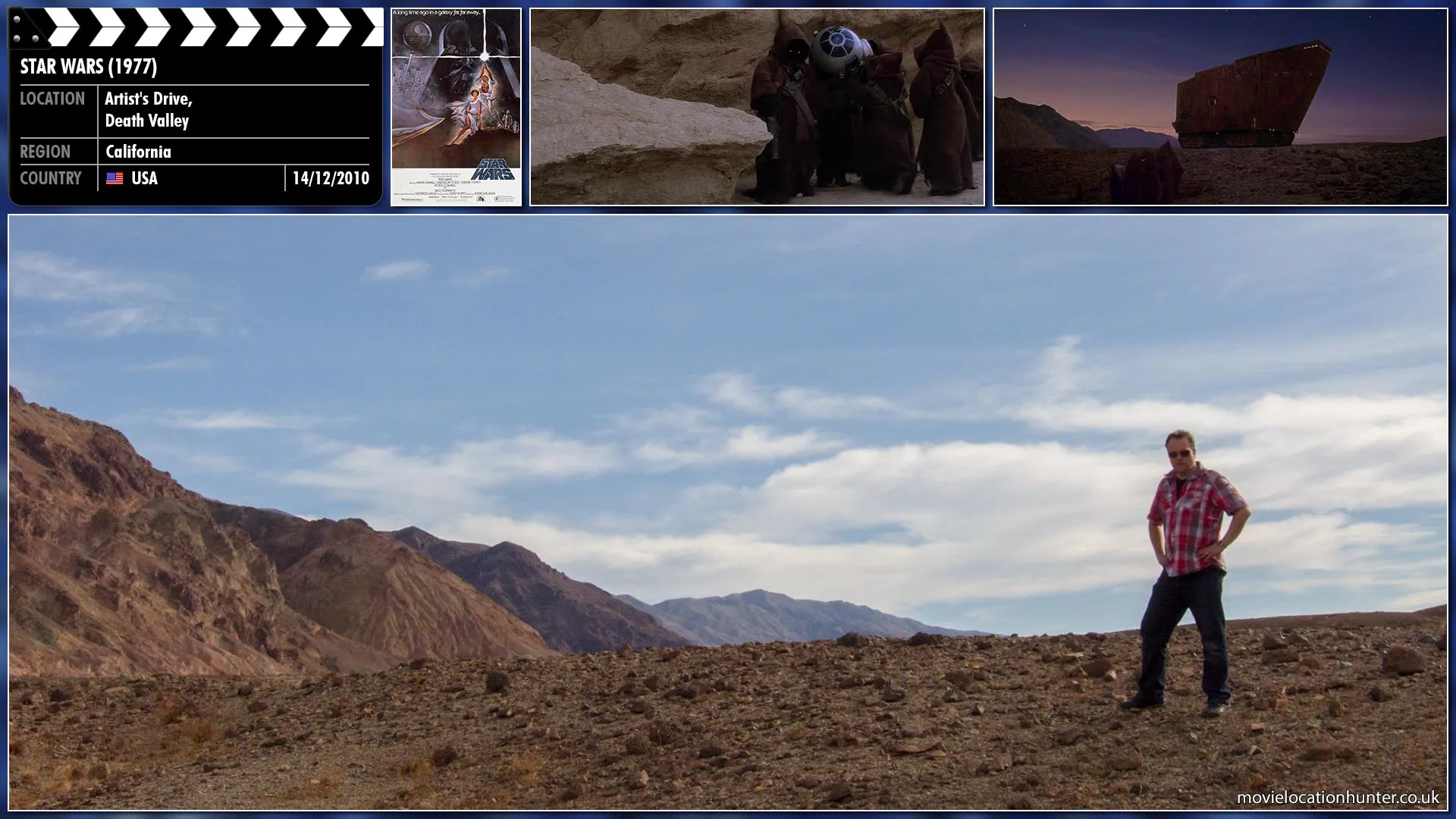 Filming location photo, shot in USA, for Star Wars (1977). Scene description: After capturing R2-D2 (Kenny Baker) the Jawas carrying him out of the canyon and back to their Sandcrawler.