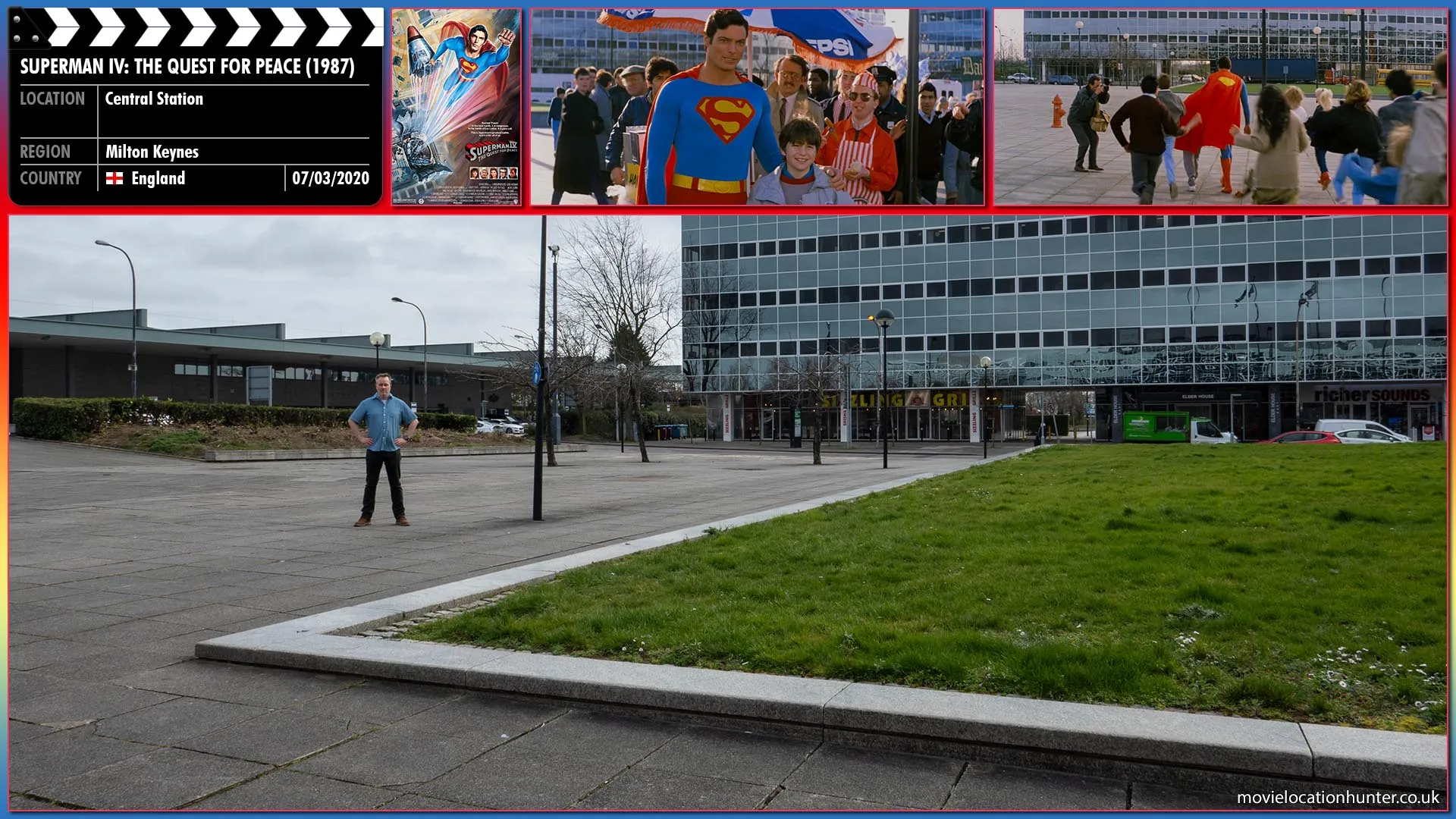 Filming location photo, shot in England, for Superman IV: The Quest for Peace (1987). Scene description: After writing a letter to Superman about how he could rid the world of all its nuclear weapons, Jeremy (Damian McLawhorn) is having his photo taken for the Daily Planet by Jimmy Olsen (Marc McClure) when suddenly Superman (Christopher Reeve) steps into the frame.  Superman then asks Jeremy to walk with him to the U.N. building as Jimmy continues to snap away.